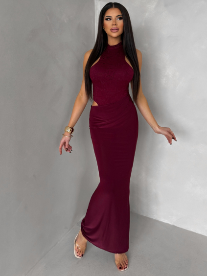 Vínové společenské dlouhé šaty OLIVIEN s body (Veľkosť ONESIZE)