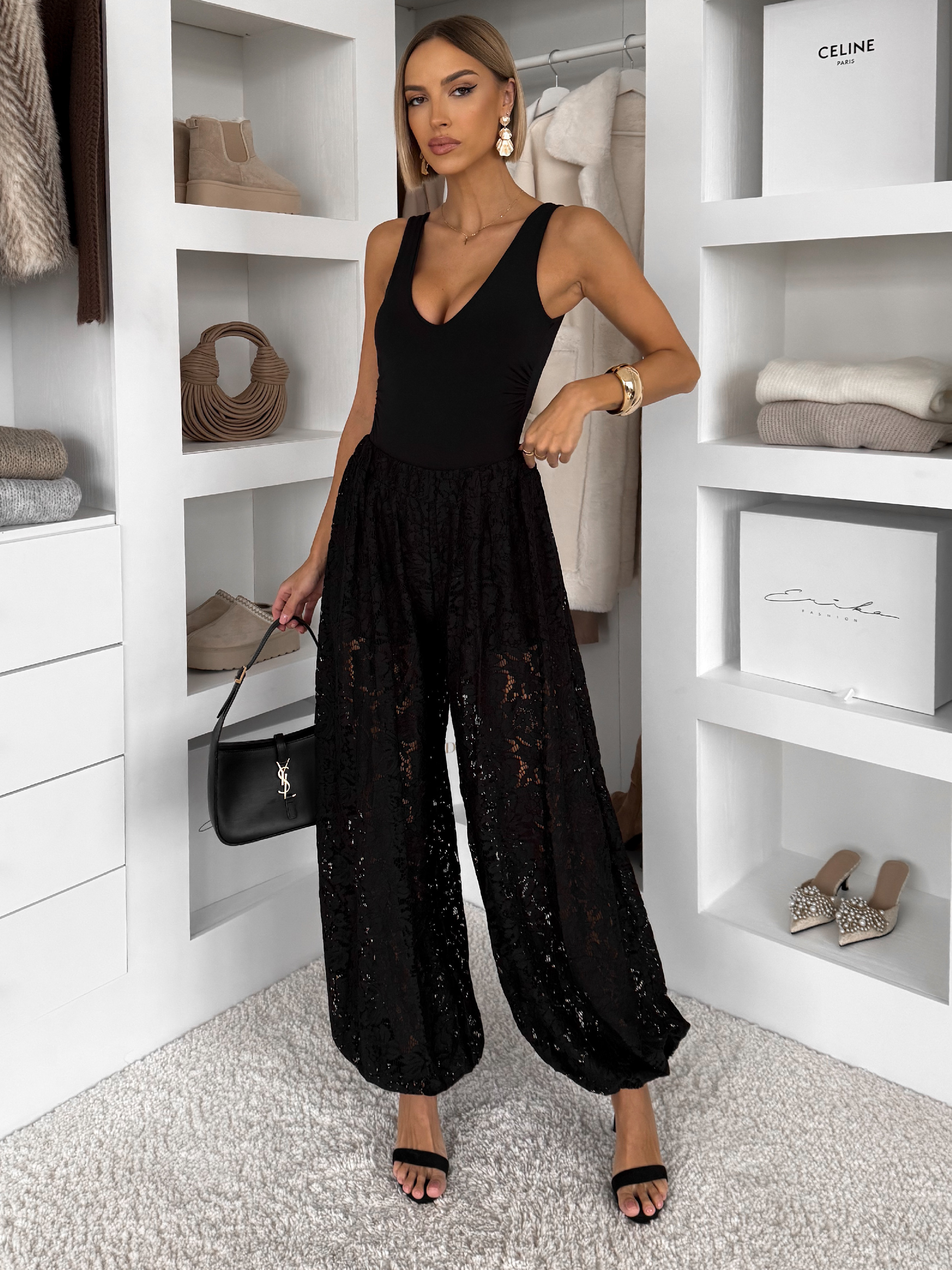 Čierne čipkované široké nohavice LIVIANA Veľkosť: ONESIZE