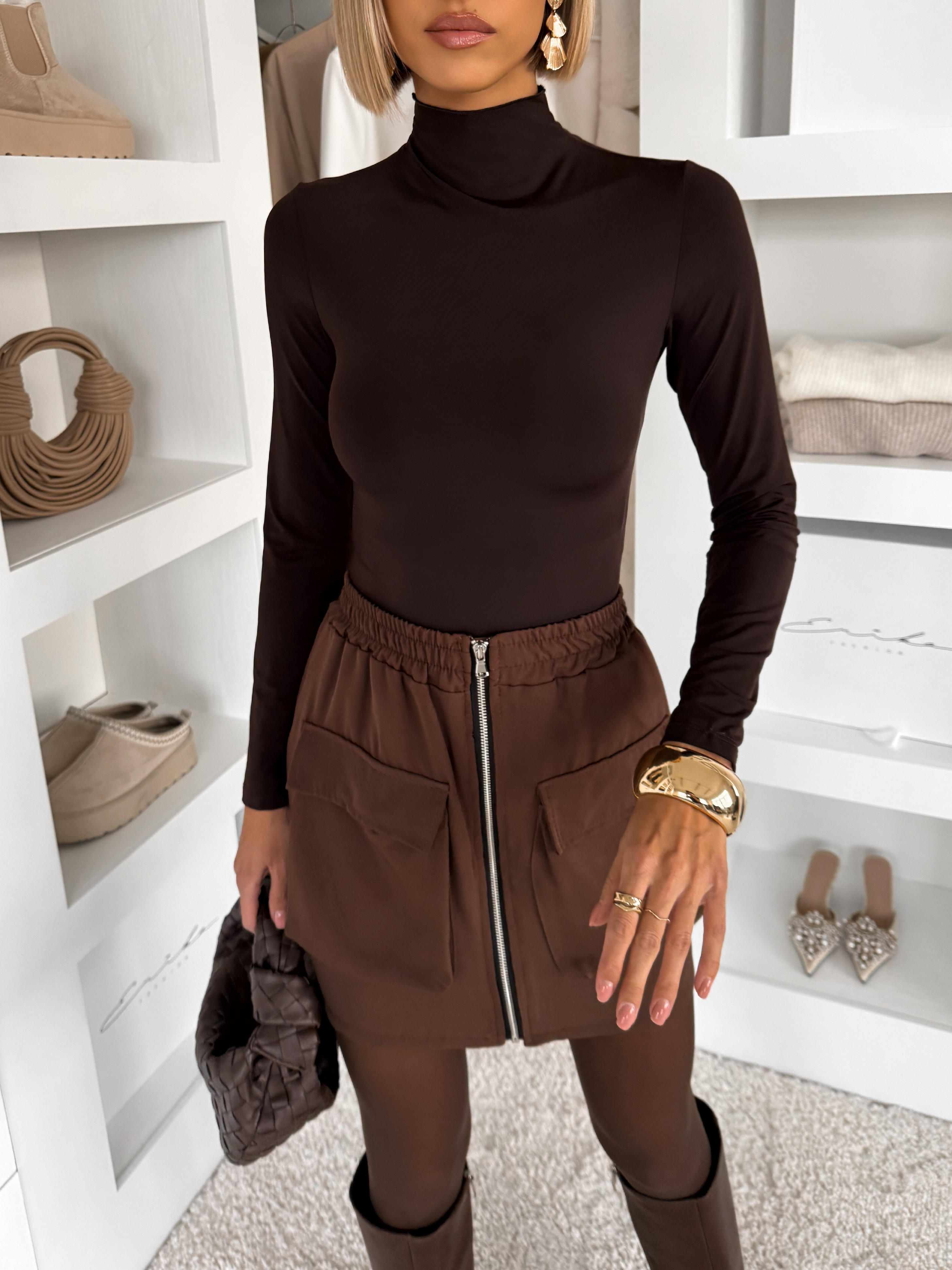 Hnedé elegantné body rolák UNIDRO s dlhým rukávom Veľkosť: ONESIZE