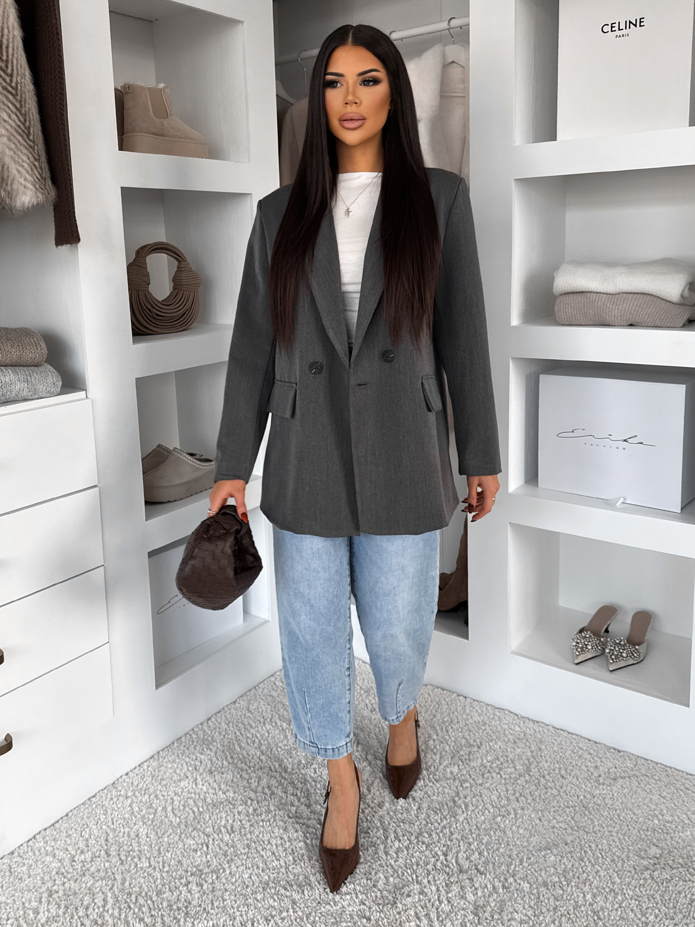 Šedé spoločenské oversized sako GARMONI Veľkosť: ONESIZE