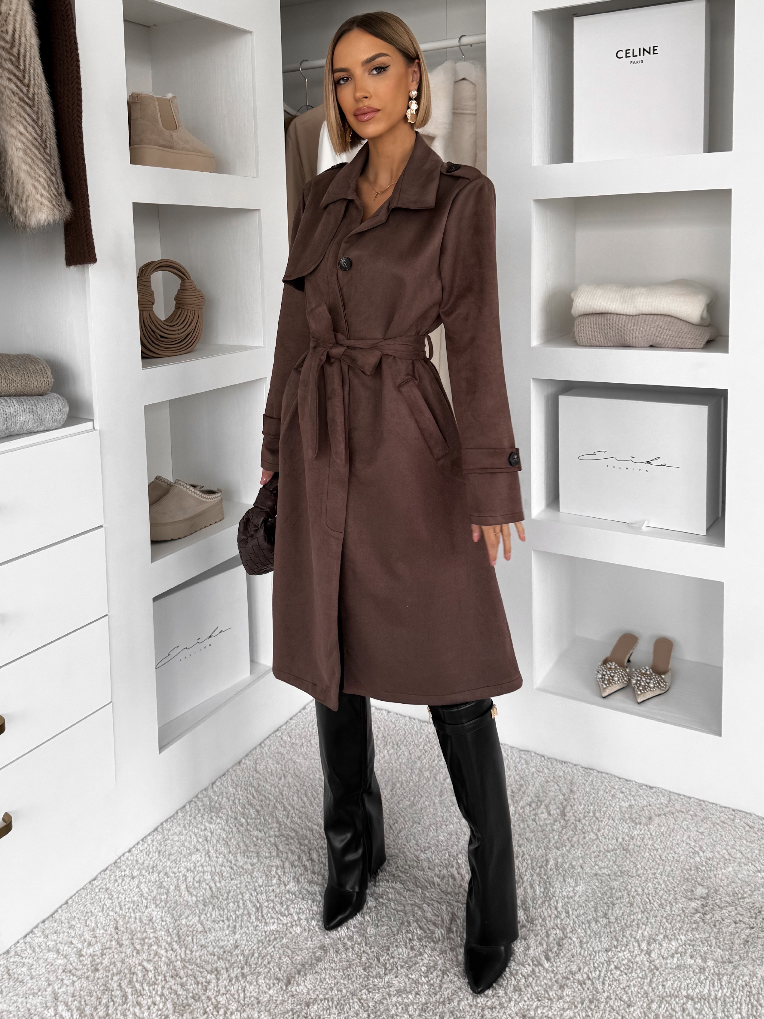 E-shop Tmavo hnedý elegantný semišový midi kabát AERISCA