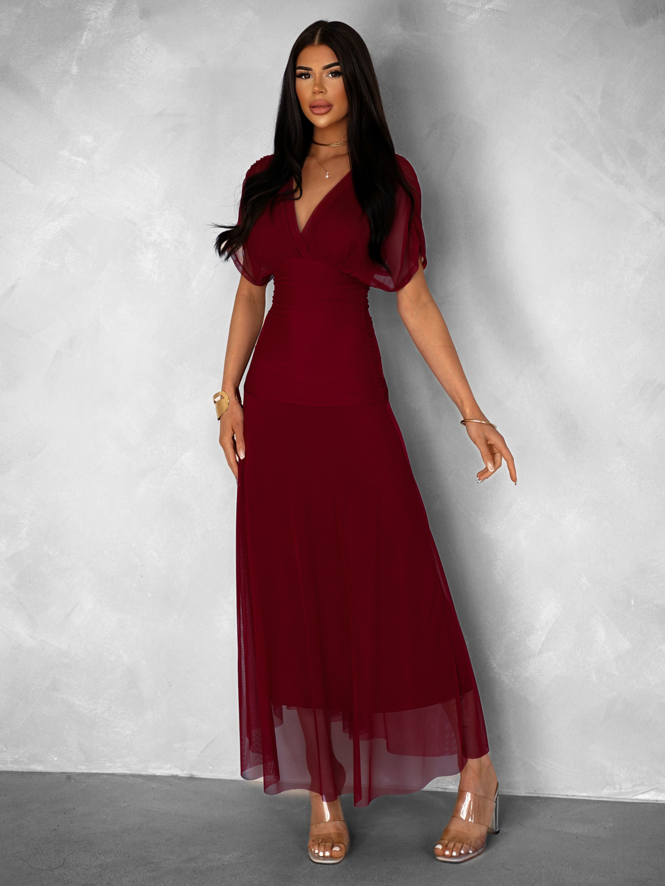 Bordó tylové dlhé spoločenské šaty VOLYADA Veľkosť: ONESIZE