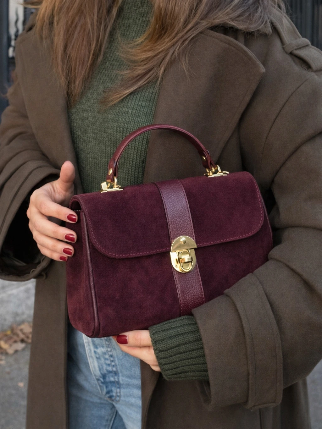 Vínová kožená semišová mini kabelka DIRLUMA Veľkosť: ONESIZE