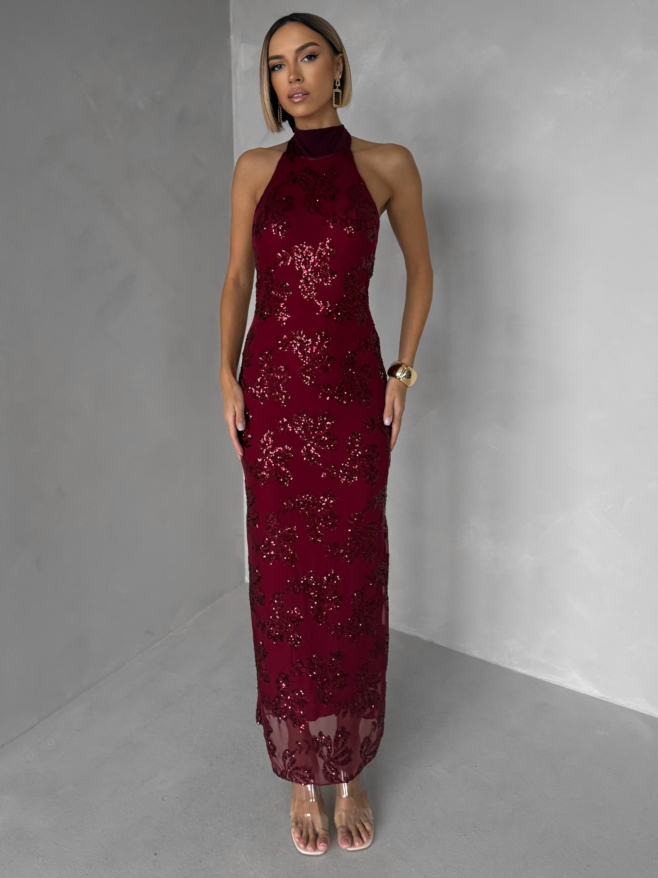 Vínové spoločenské dlhé šaty VELVET s flitrami Veľkosť: ONESIZE