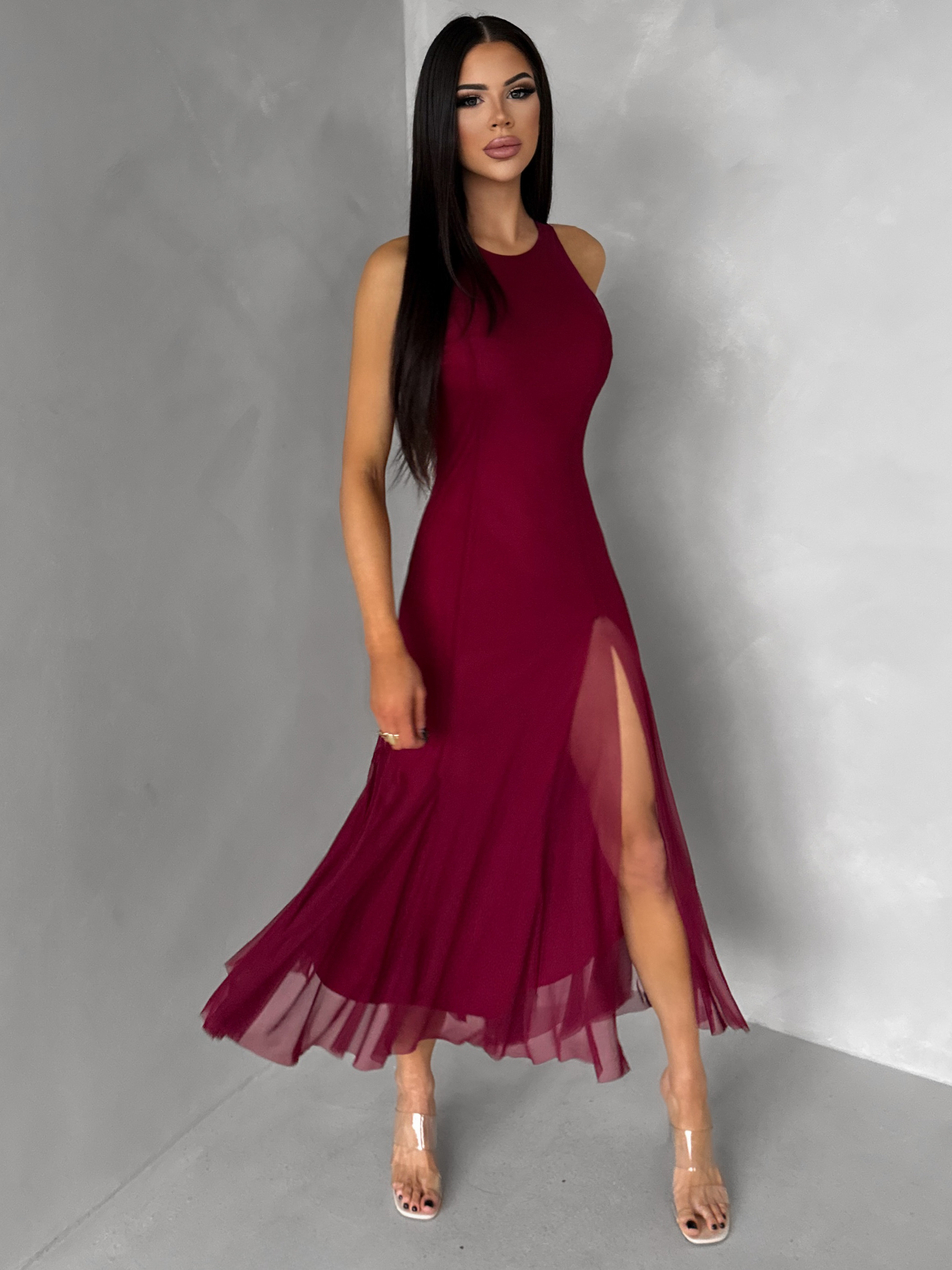 Bordó spoločenské tylové midi šaty ROCHIE Veľkosť: ONESIZE