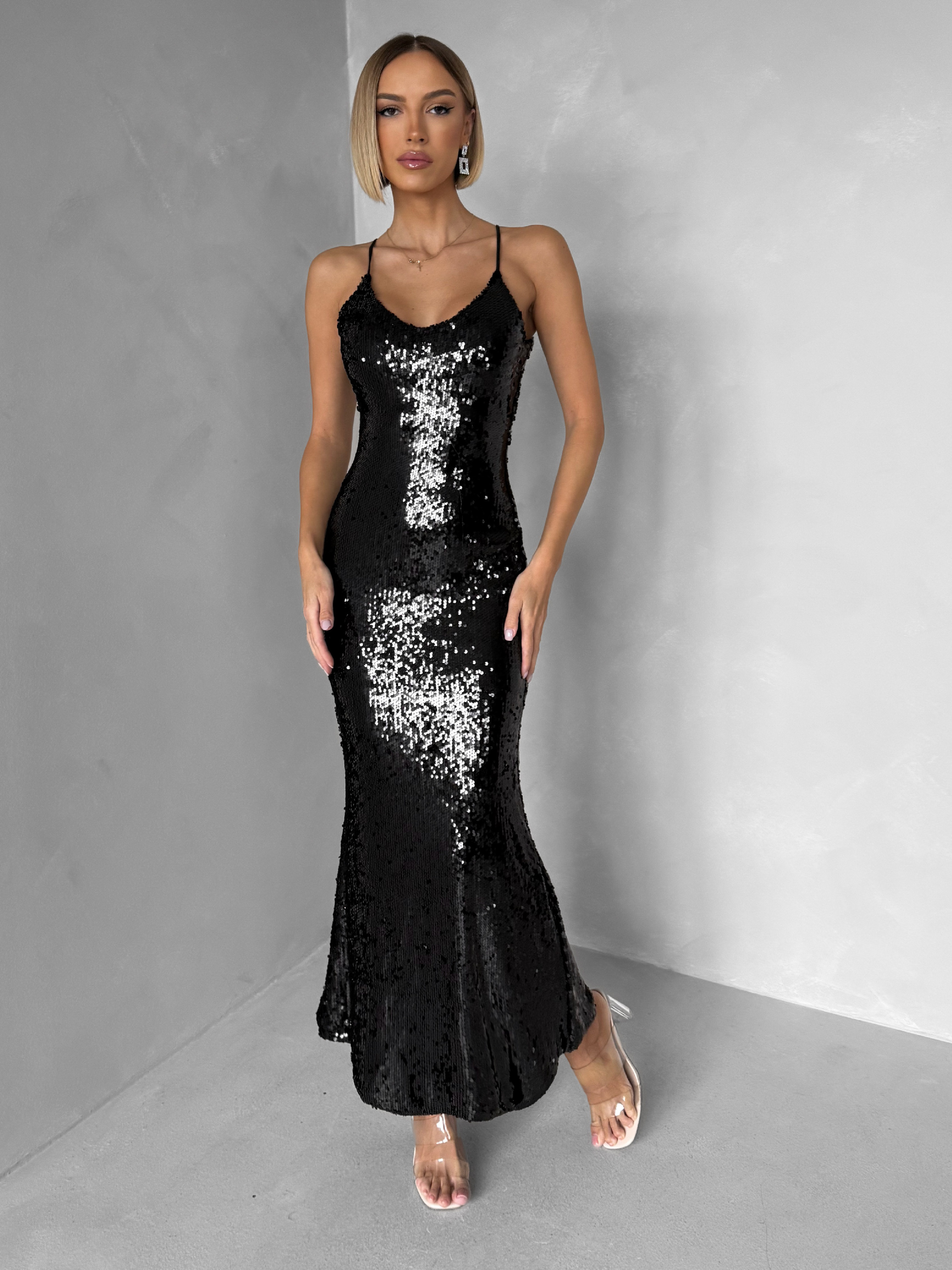 Čierne flitrované spoločenské dlhé šaty SCINTIA Veľkosť: ONESIZE