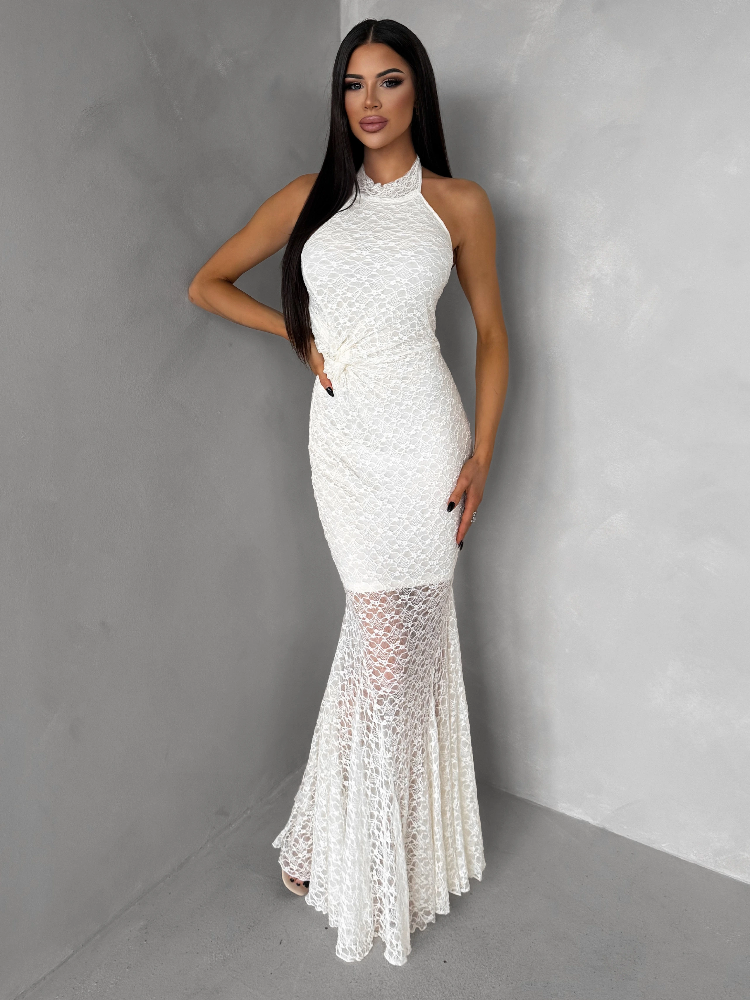 Krémové spoločenské krajkové dlhé šaty KRETONA Veľkosť: S/M