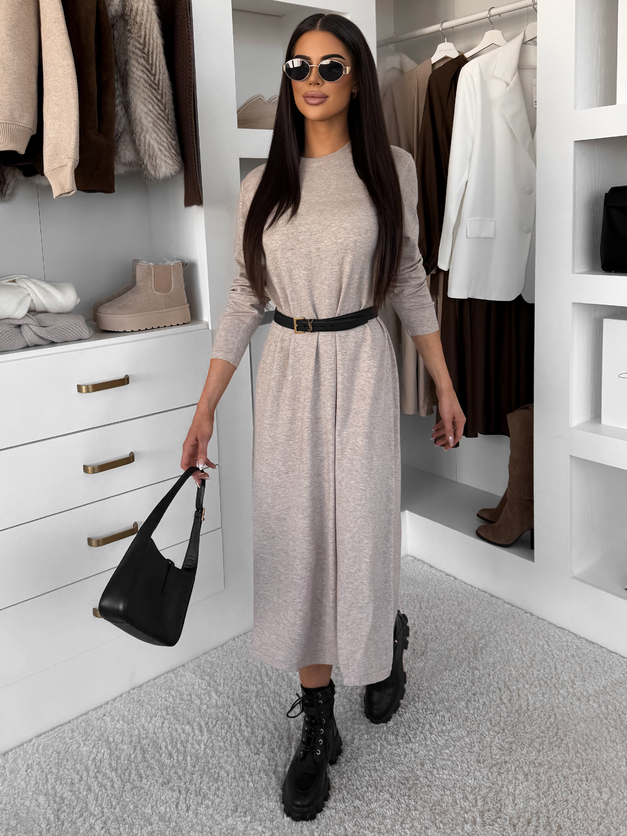 Béžové štýlové maxi dlhé mikinové šaty RAVONI Veľkosť: L/XL