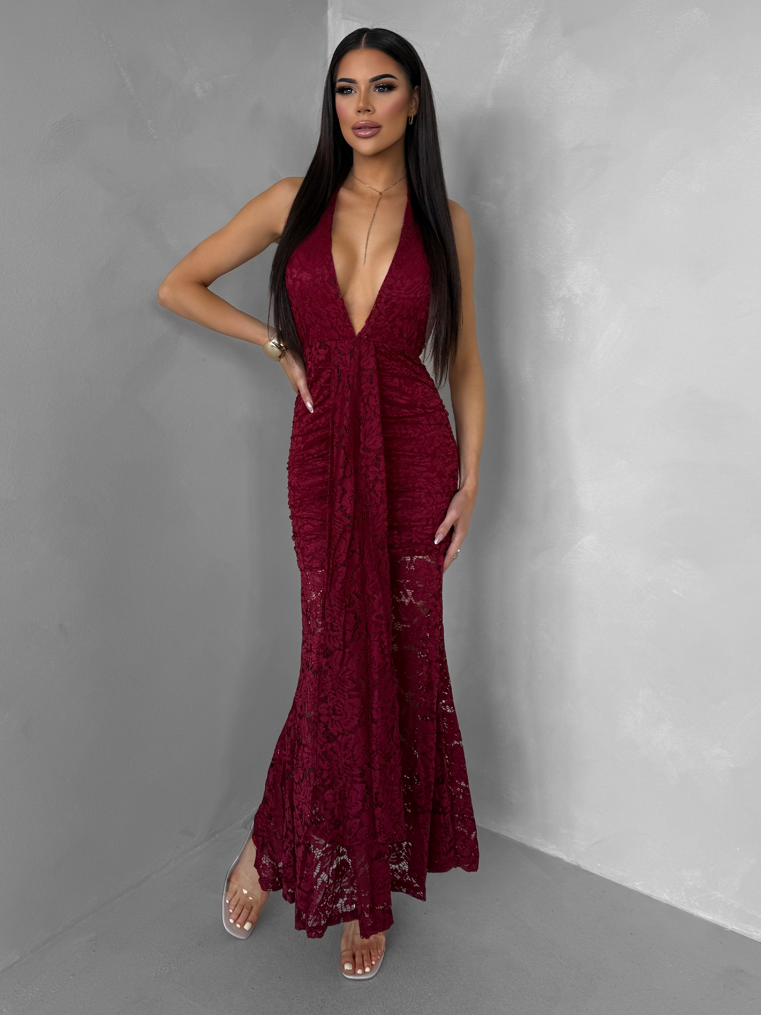 Bordové spoločenské krajkové dlhé šaty ZERULON Veľkosť: ONESIZE