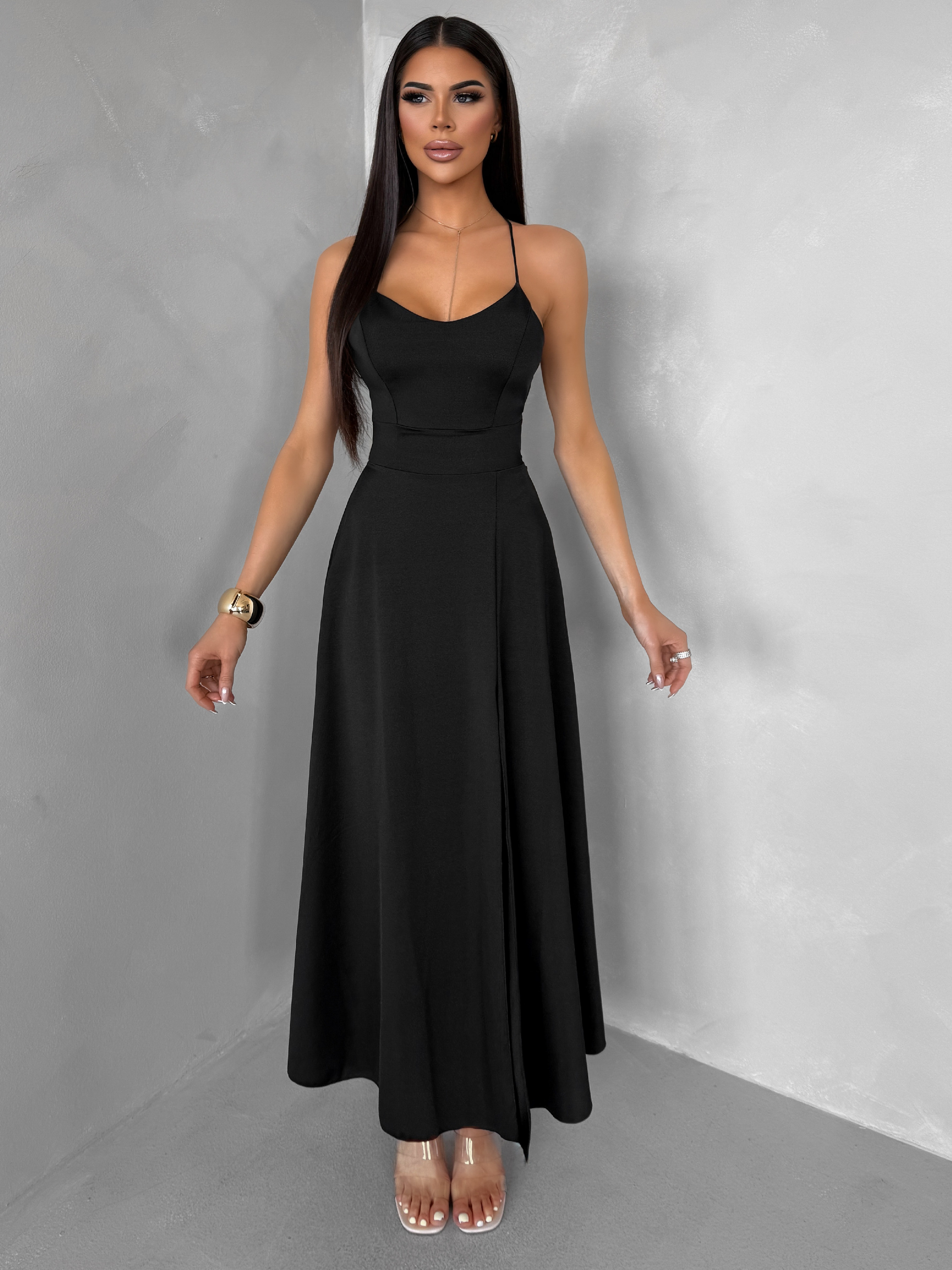 Čierne saténové elegantné šaty SIMUEL so šnurovaním Veľkosť: ONESIZE