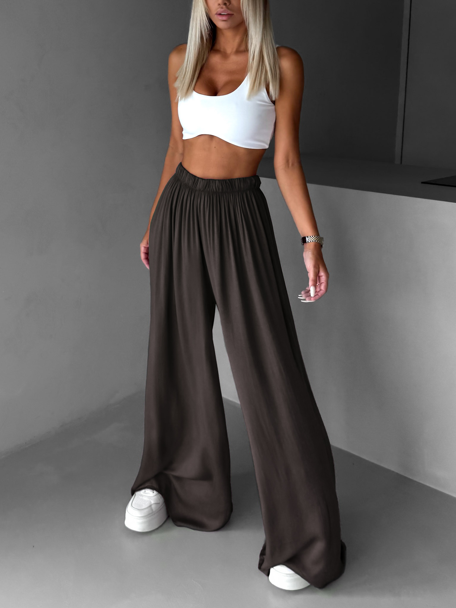 Tmavo hnedé široké voľné dlhé nohavice OLVIRA Veľkosť: Štandardná dĺžka