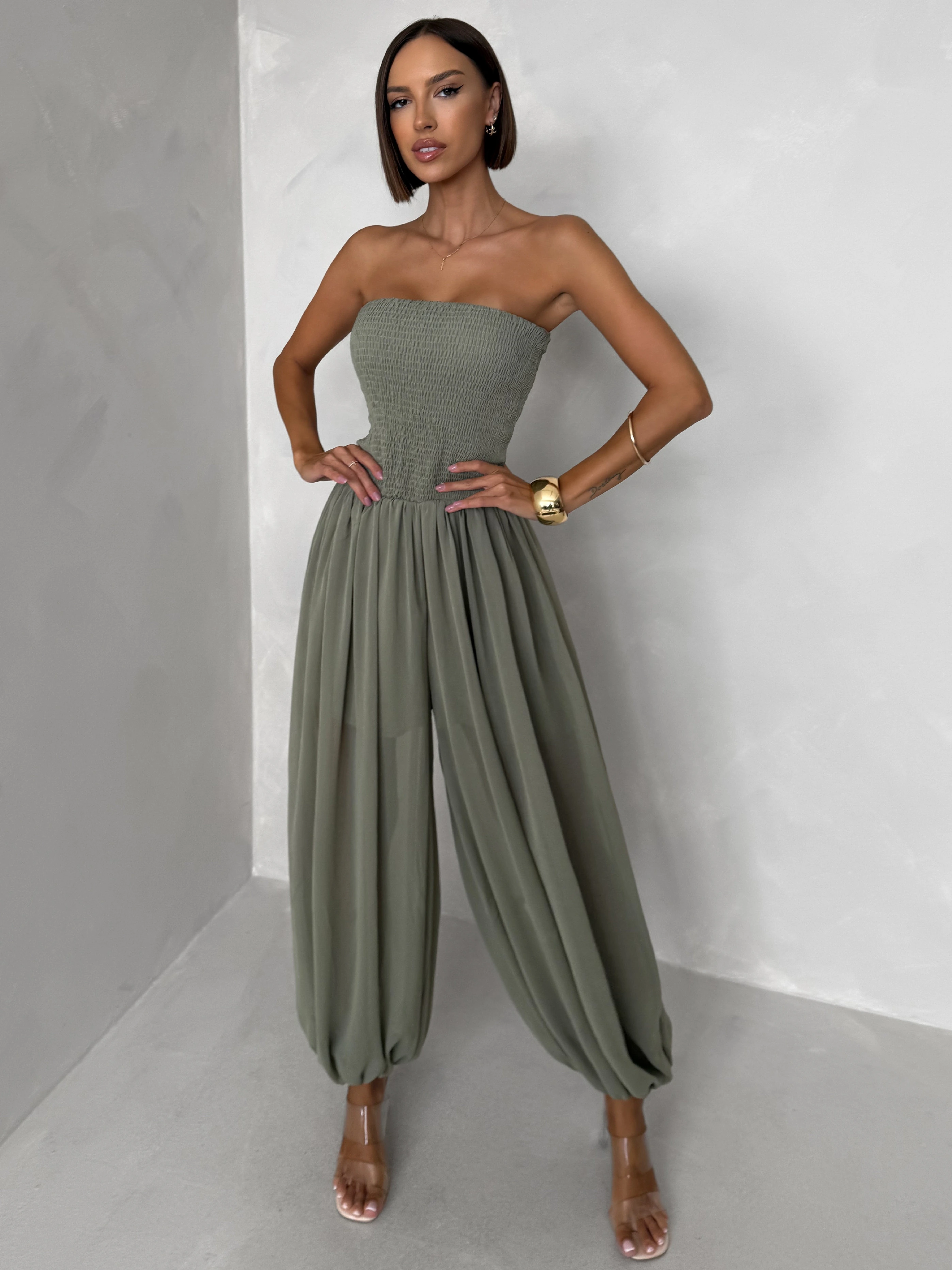 Kaki elastický štýlový overal ROVALY Veľkosť: S/M