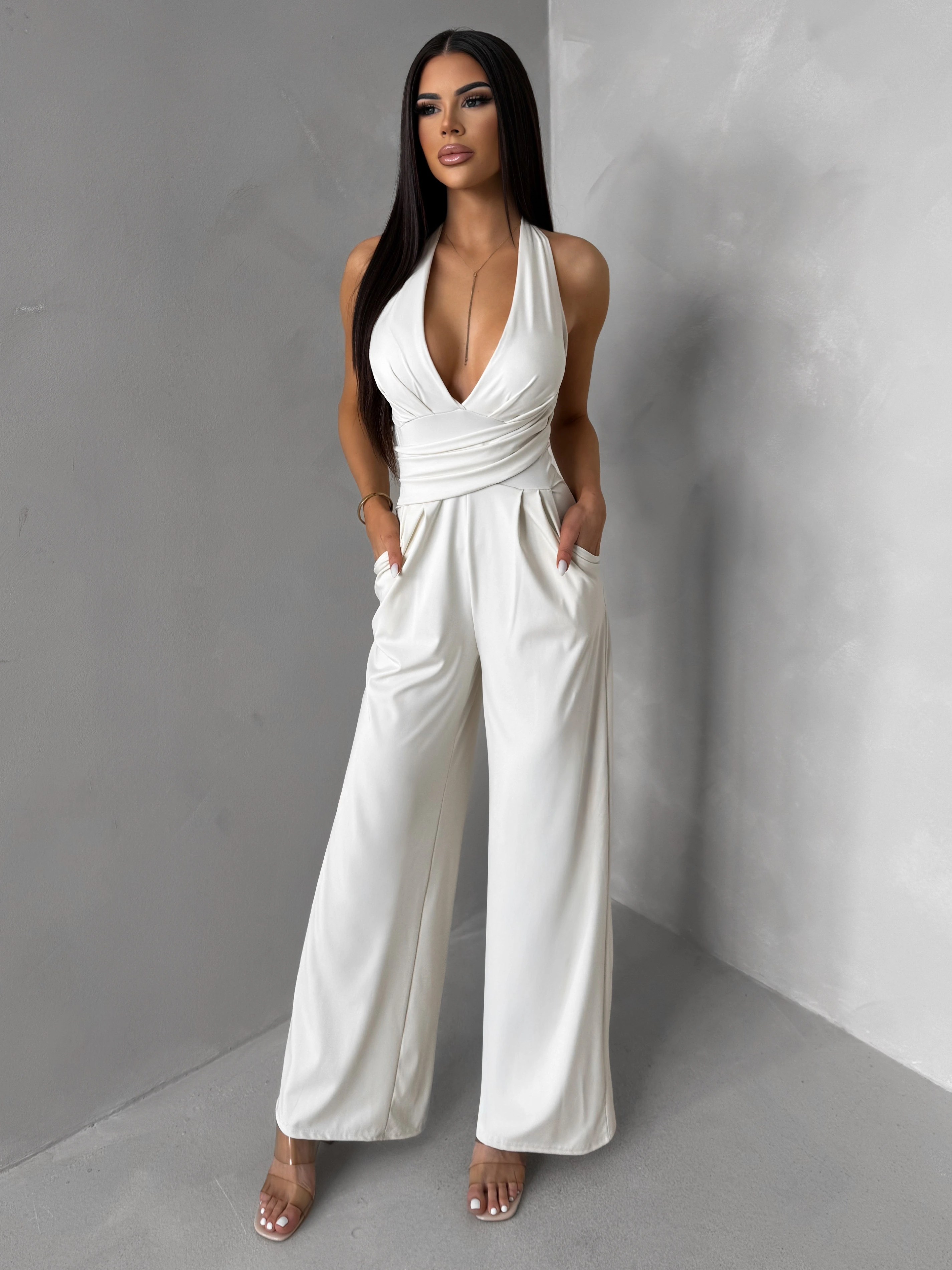 Krémový spoločenský dlhý overal ARVELLA s výstrihom Veľkosť: ONESIZE