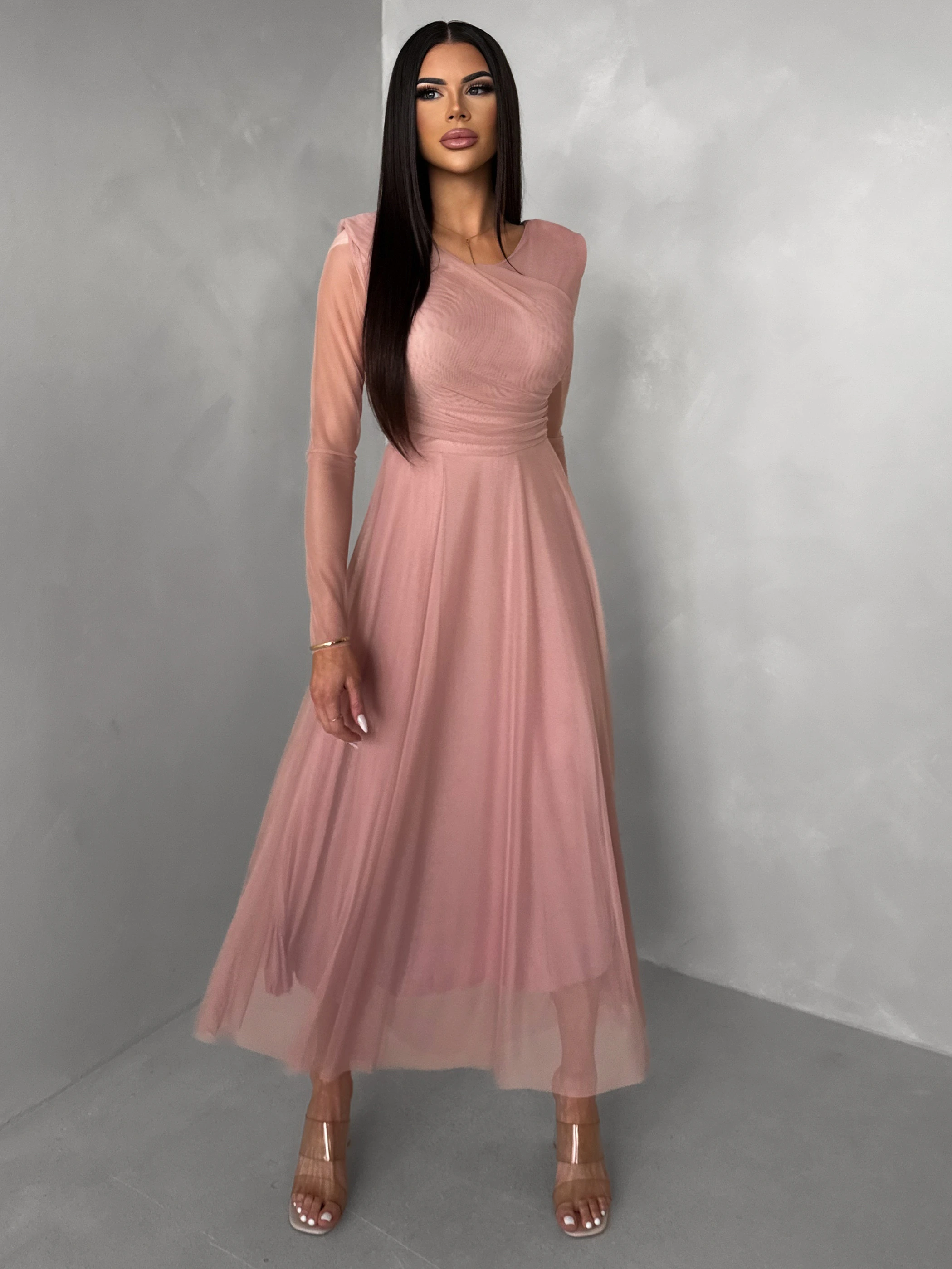 Staroružové tylové dlhé spoločenské šaty ASHER Veľkosť: ONESIZE