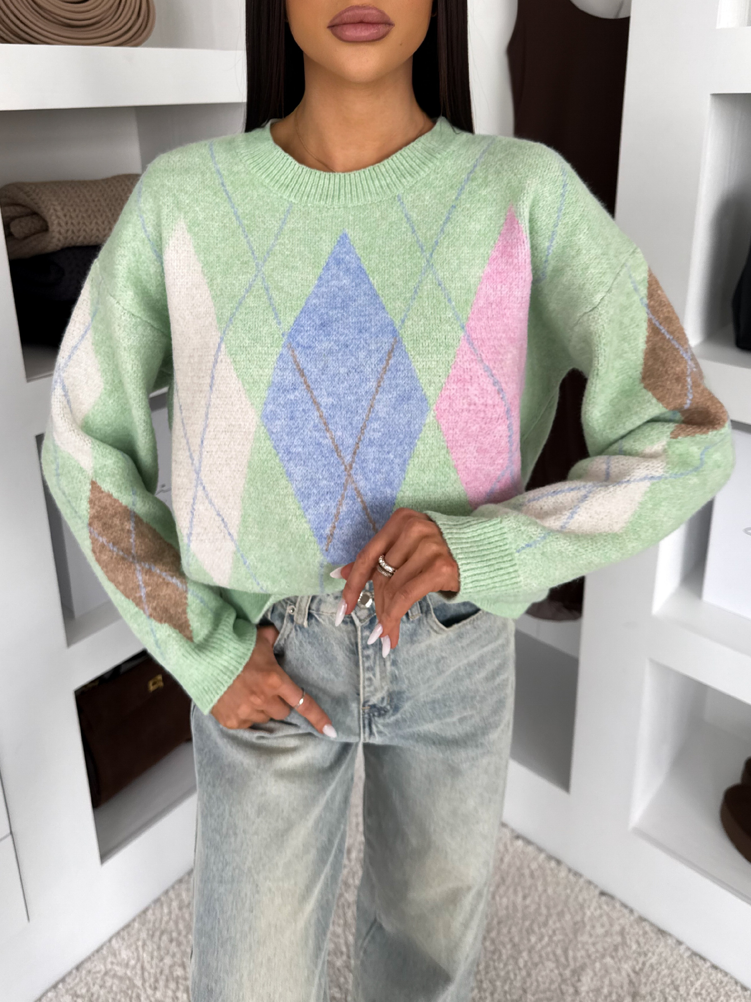 Svetlozelený štýlový vzorovaný sveter TUVONIX Veľkosť: ONESIZE