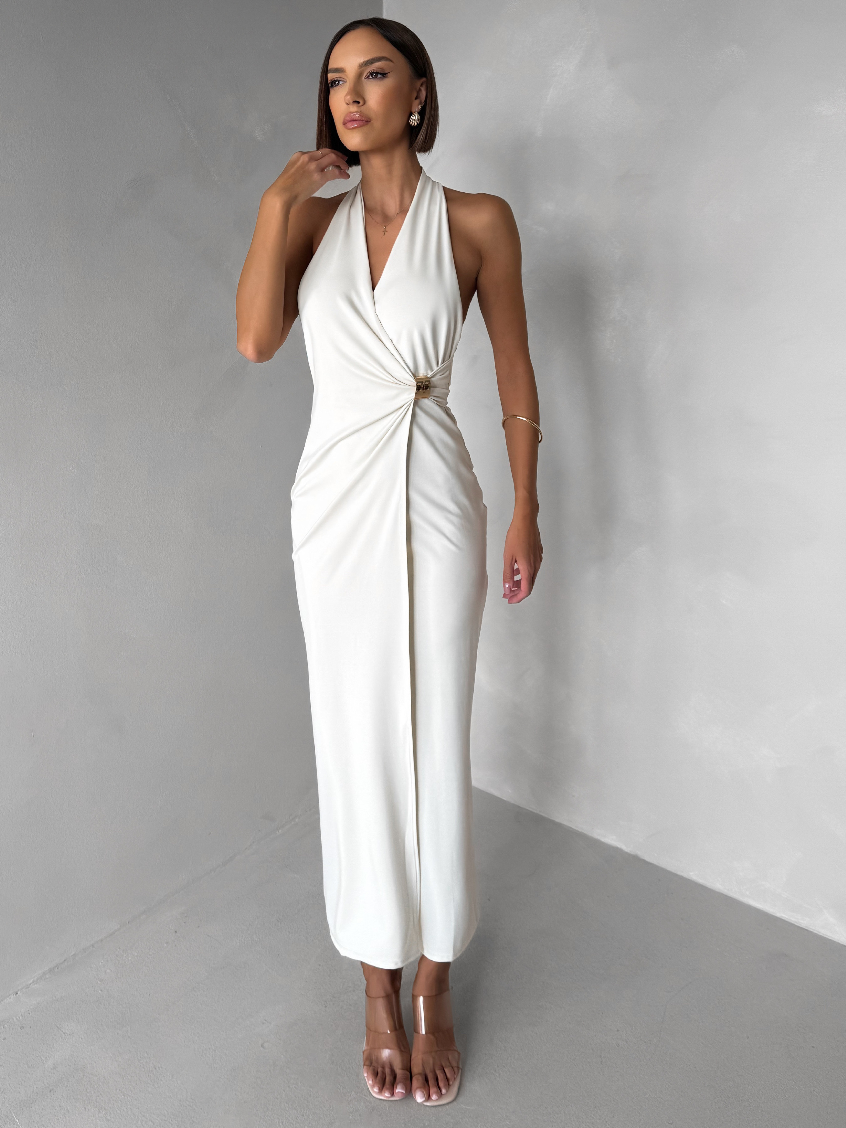 Krémové dlhé elegantné spoločenské šaty KALIXA s výstrihom Veľkosť: ONESIZE