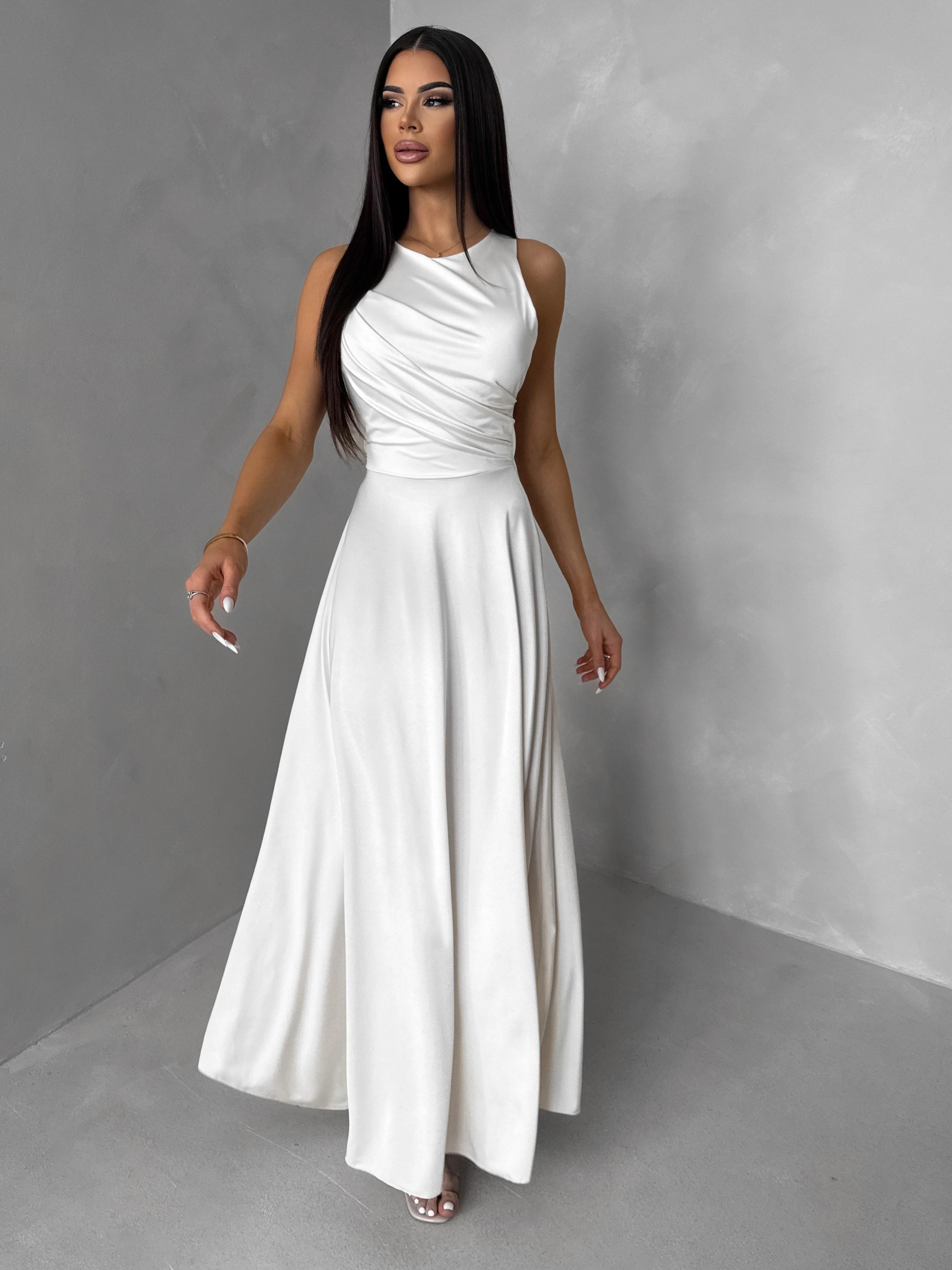 Krémové spoločenské jednoduché dlhé šaty TEMIRA Veľkosť: ONESIZE