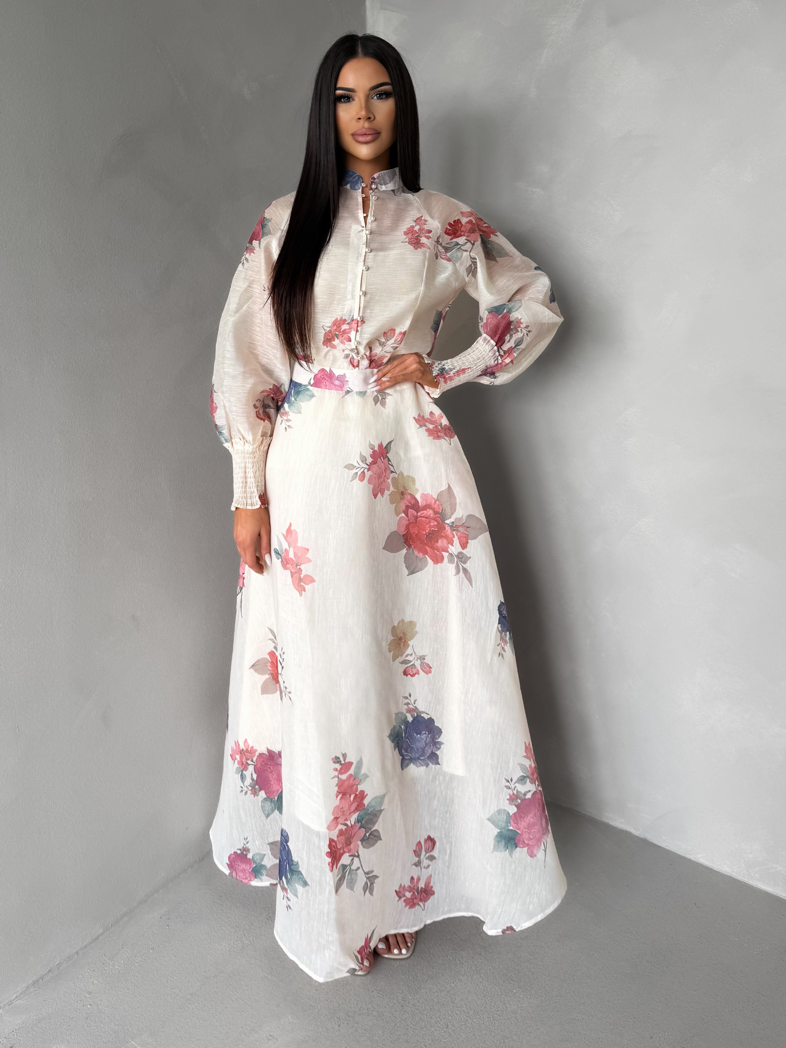Krémový kvetinový elegantný komplet FACTOR so sukňou Veľkosť: M/L