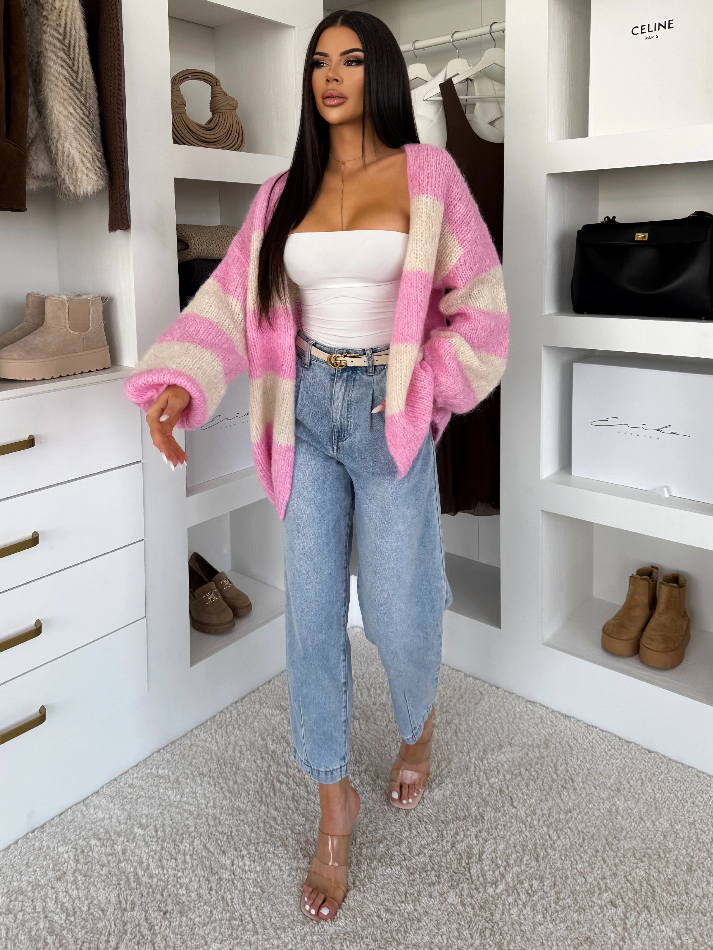 Ružový pletený pruhovaný oversize cardigan GRENTO Veľkosť: ONESIZE