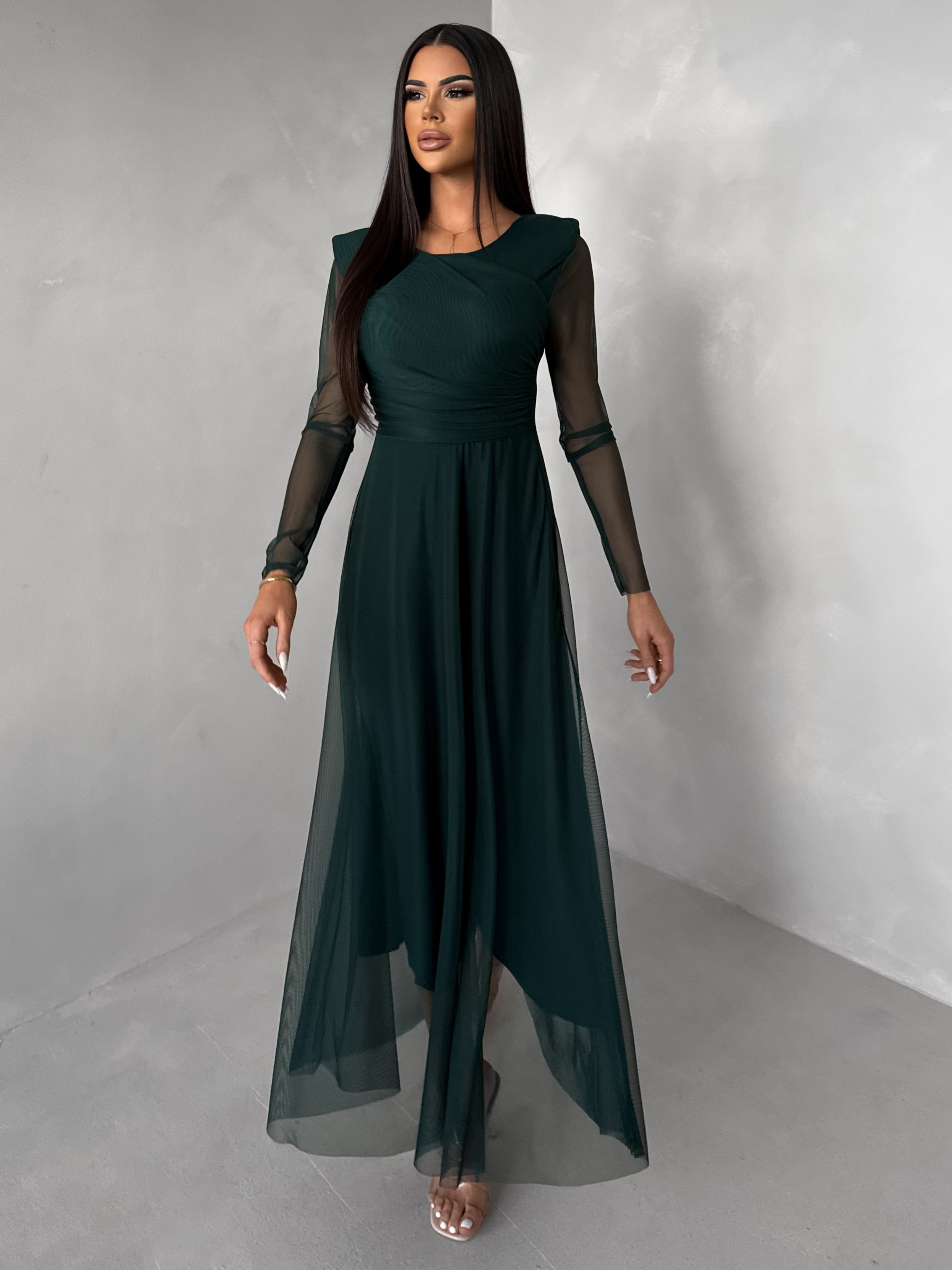 Smaragdové tylové spoločenské šaty ASHER s dlhým rukávom Veľkosť: ONESIZE