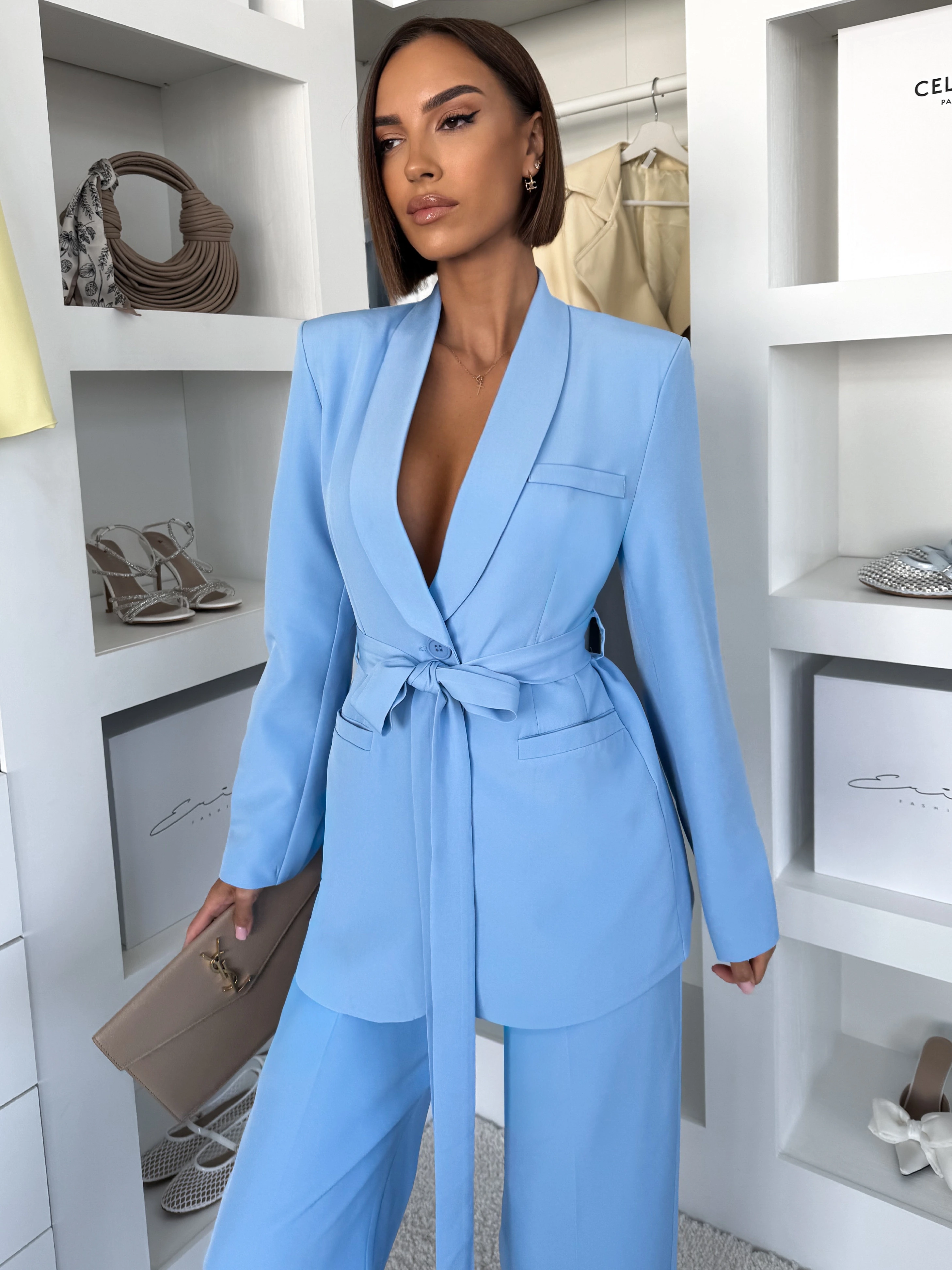 Modré elegantné sako THELYA so zaväzovaním Veľkosť: ONESIZE