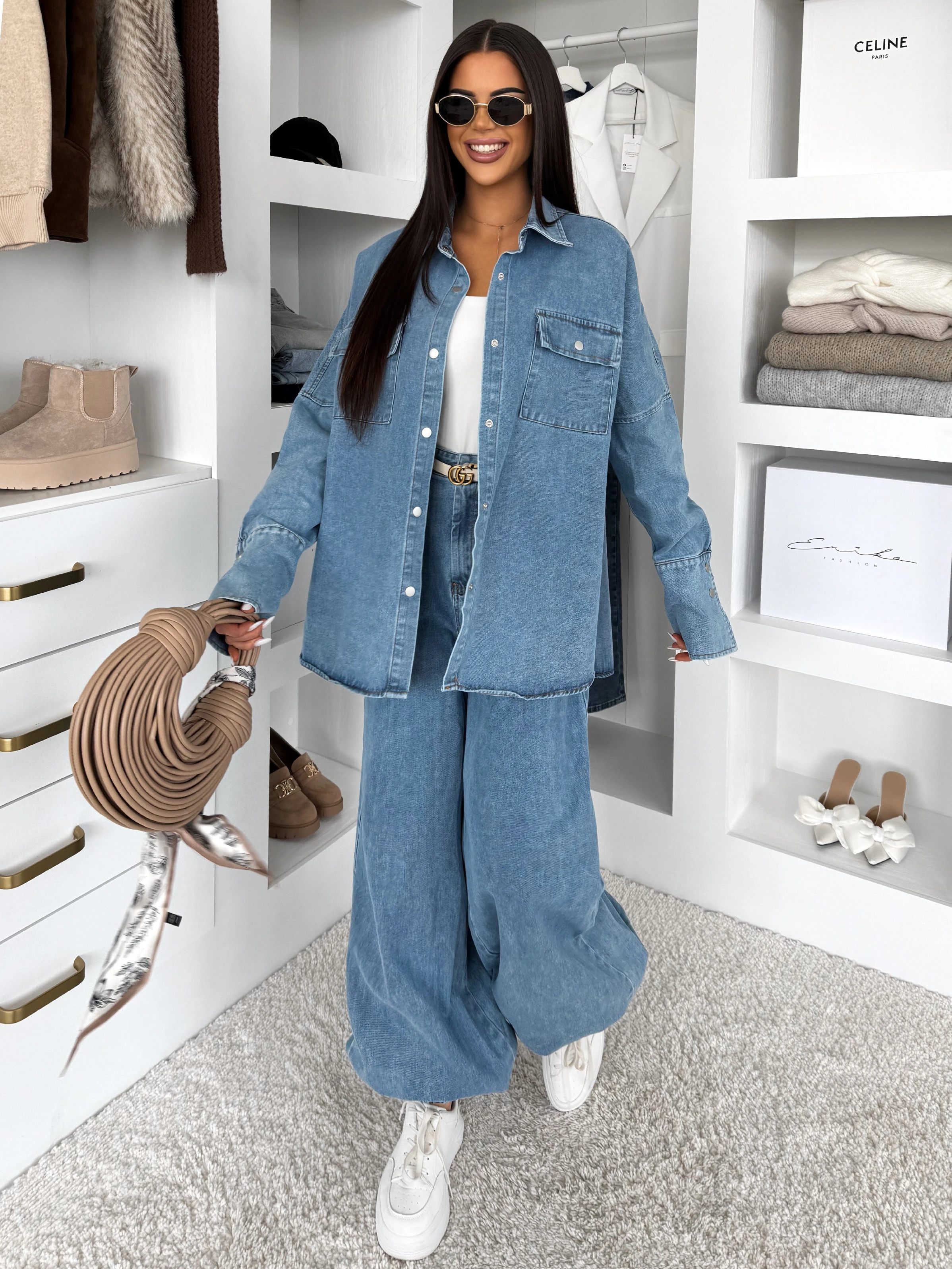 Modrý džínsový dlhý komplet BRELUM s košeľou Veľkosť: S/M