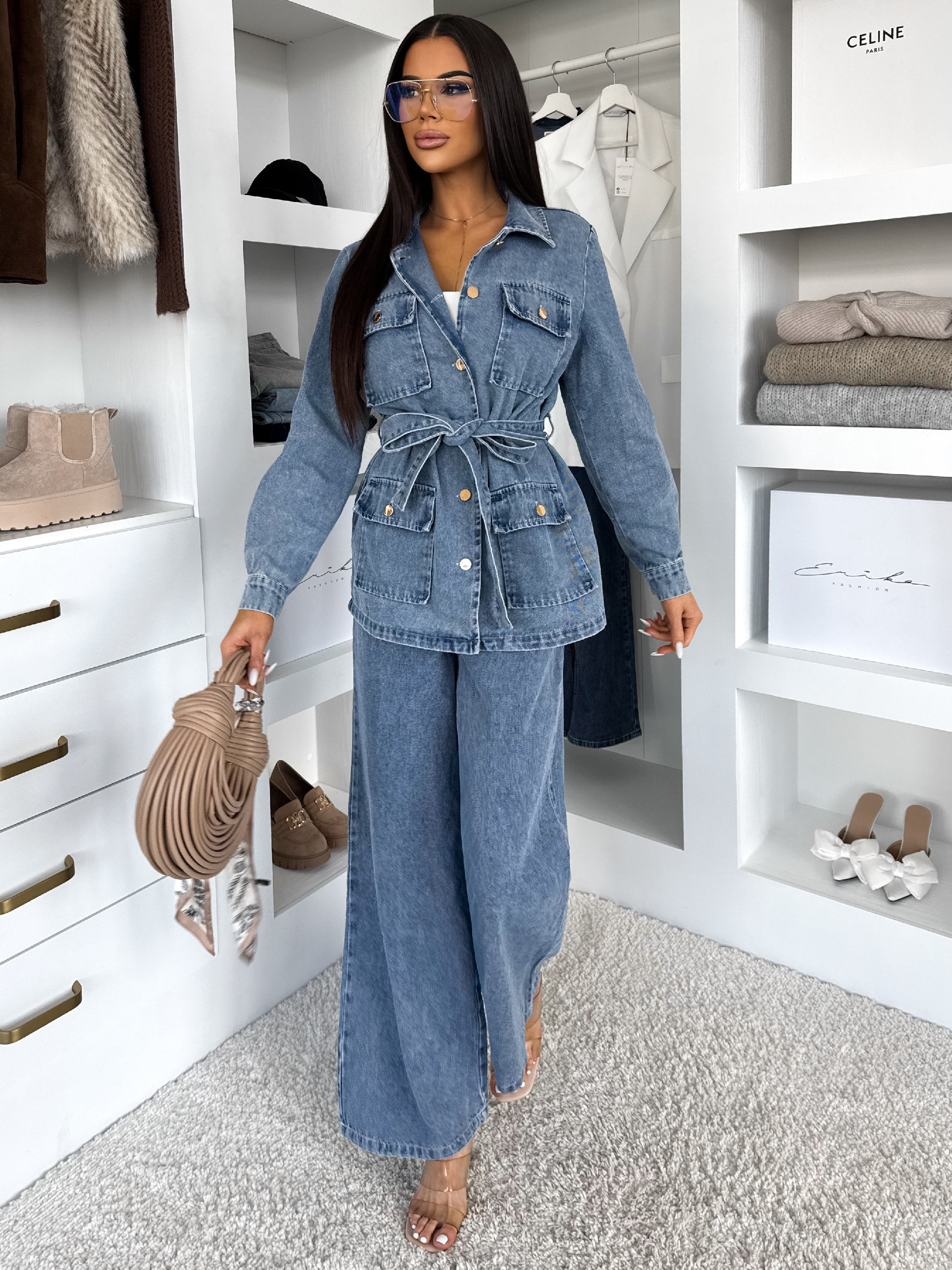 Modrý nohavicový džínsový denim komplet ZYLORA s košeľou Veľkosť: M/L