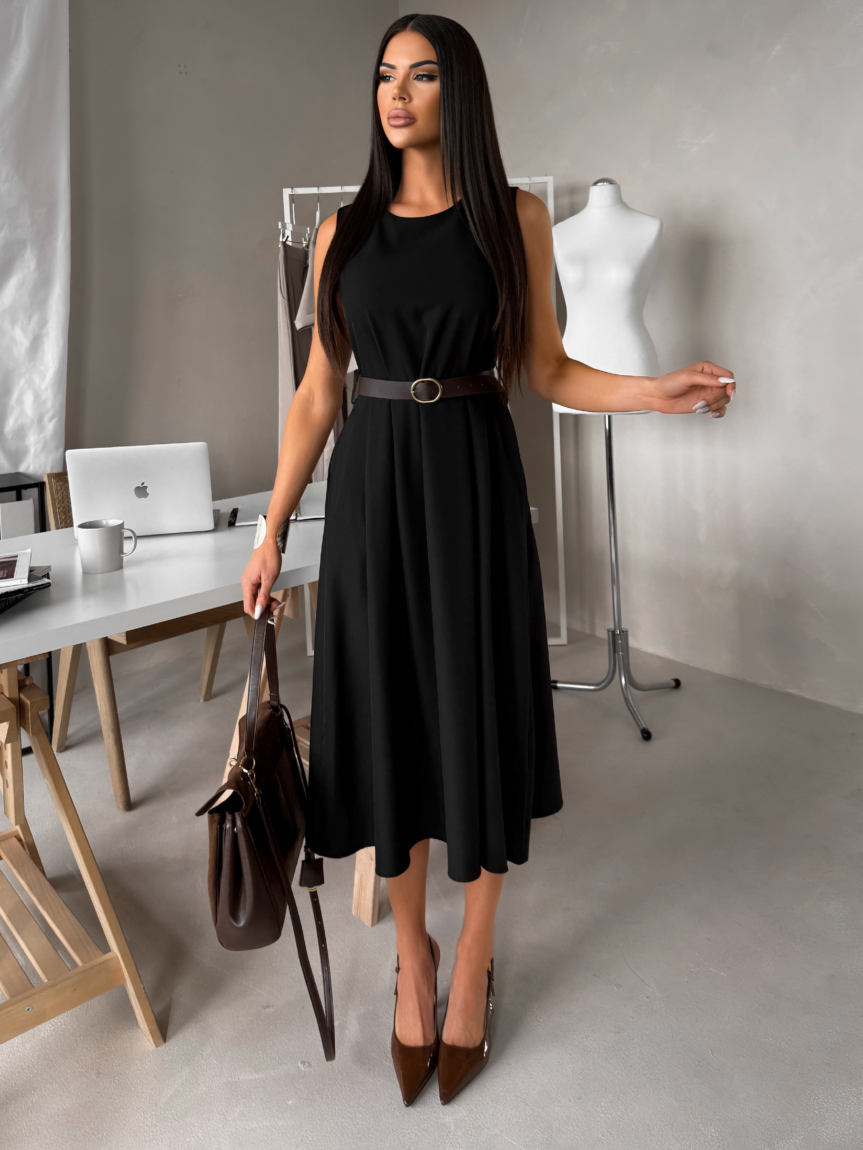 Čierne midi šaty GERARDYS s opaskom Veľkosť: ONESIZE