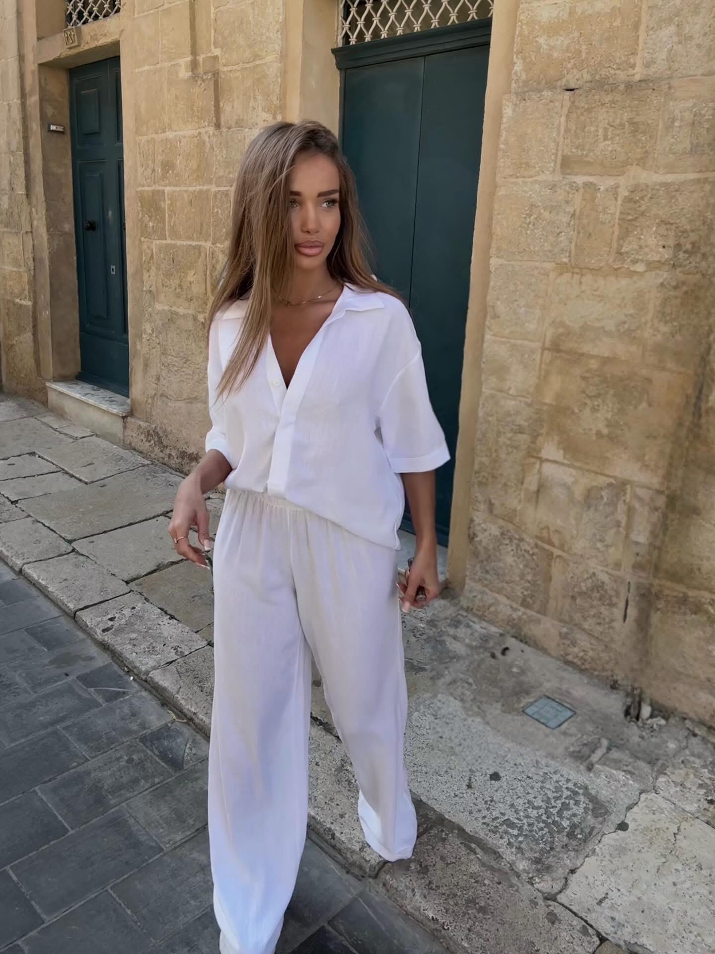 E-shop Biely 100% ľan nohavicový košeľový komplet ORIANA