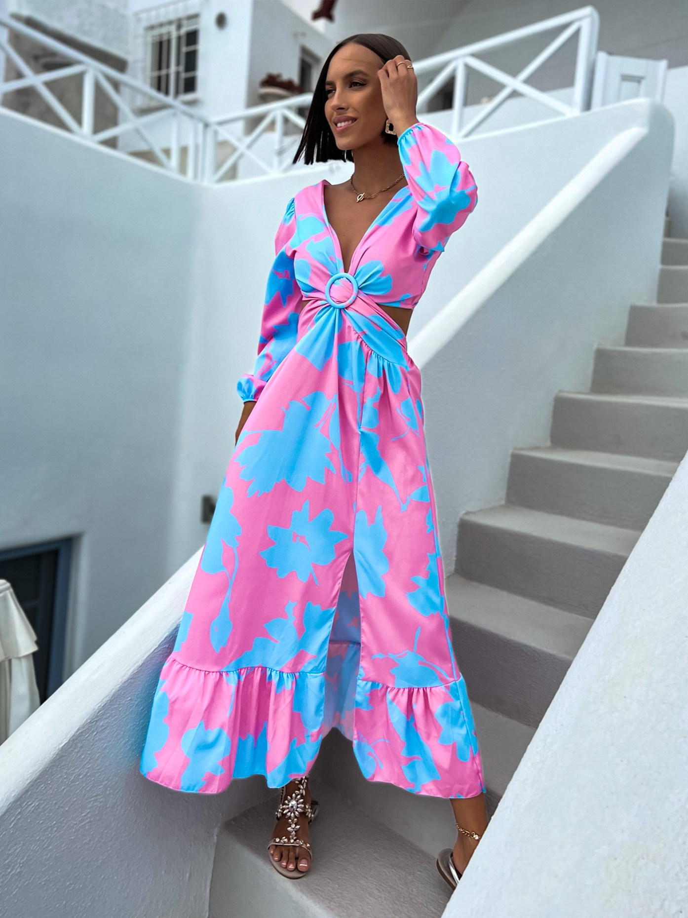 Ružovomodré svetlejšie elegantné šaty CASSIUS s rázporkom