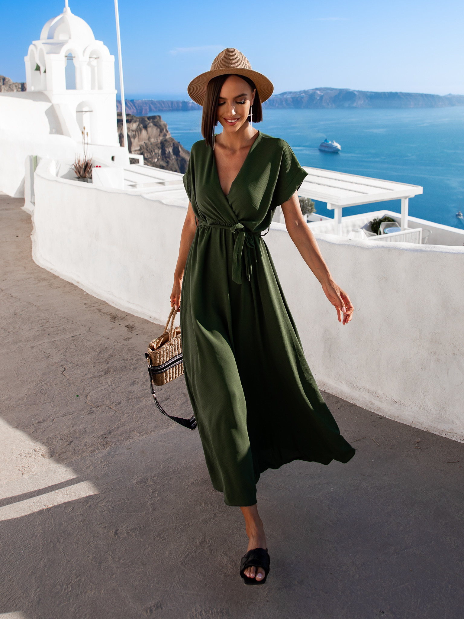 Khaki dlhšie elegantné šaty FEYLING so zaväzovaním