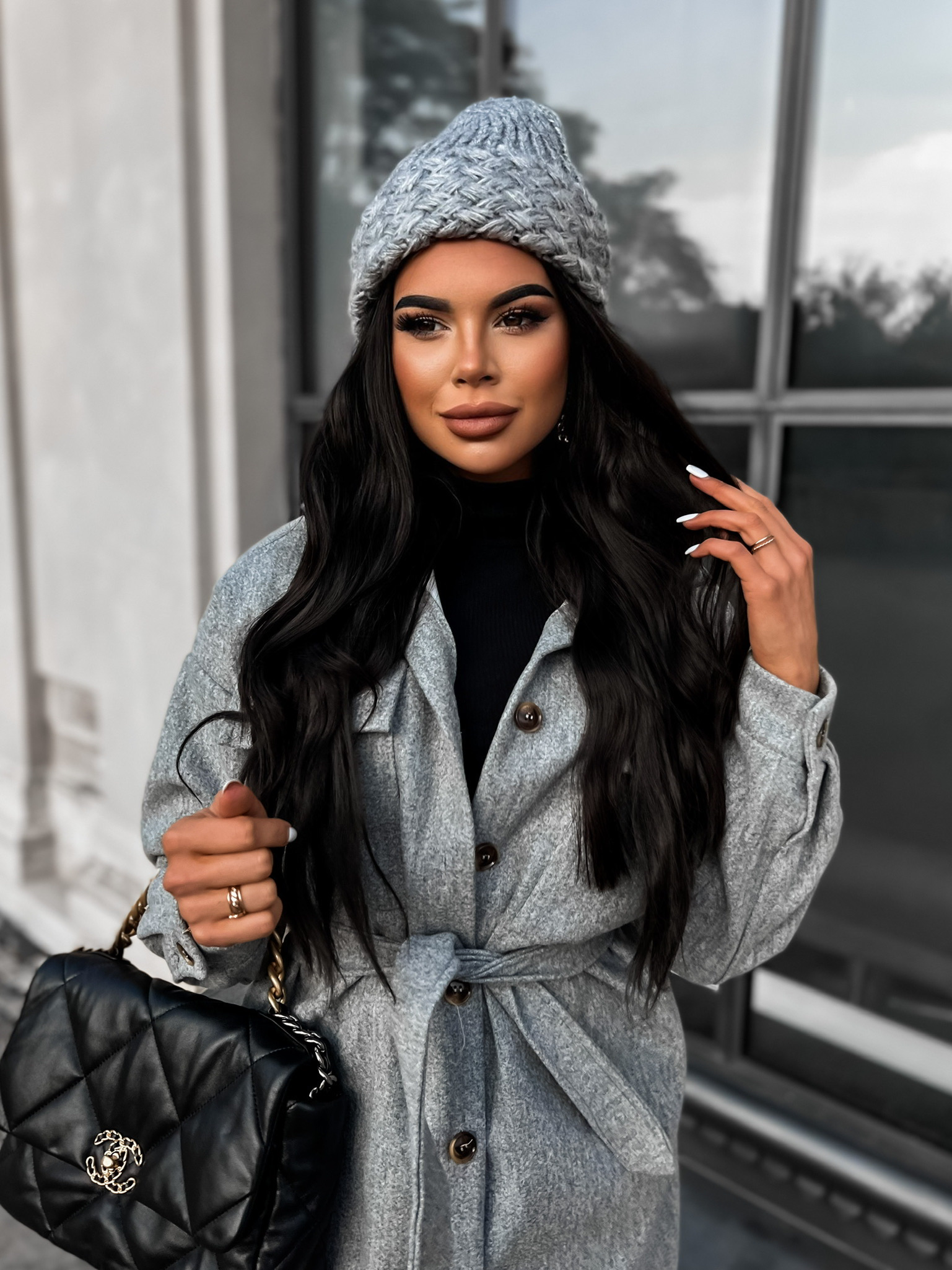 Sivá zimná čiapka BASAL so vzormi