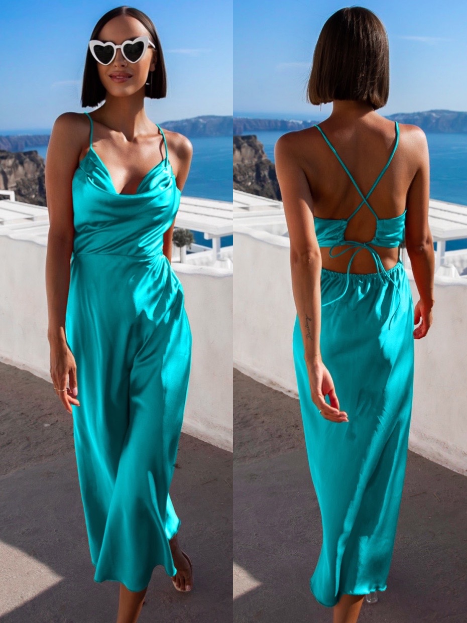 Tyrkysové lesklé elegantné šaty MADALYN s viazaním na chrbte Veľkosť: ONESIZE
