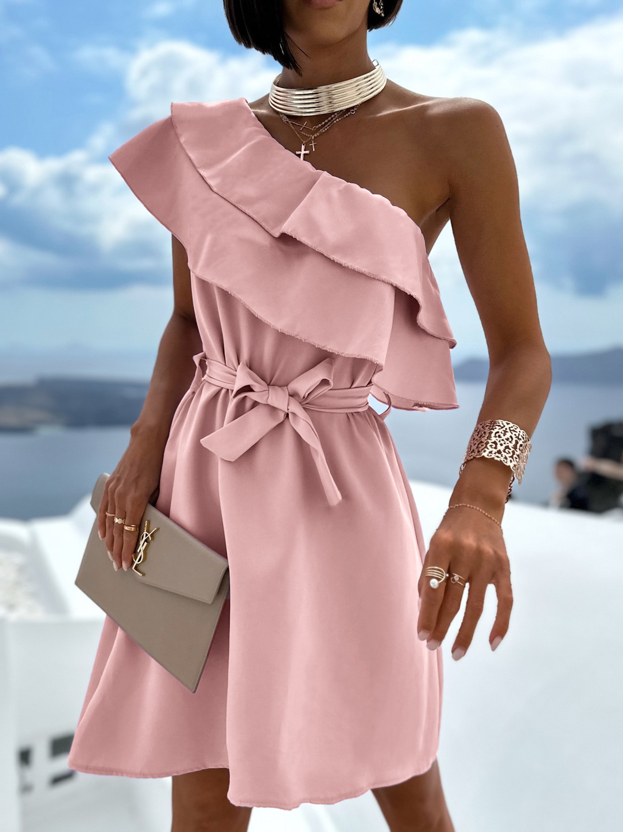 Staroružové volánikové šaty PURPOSE s viazaním Veľkosť: ONESIZE