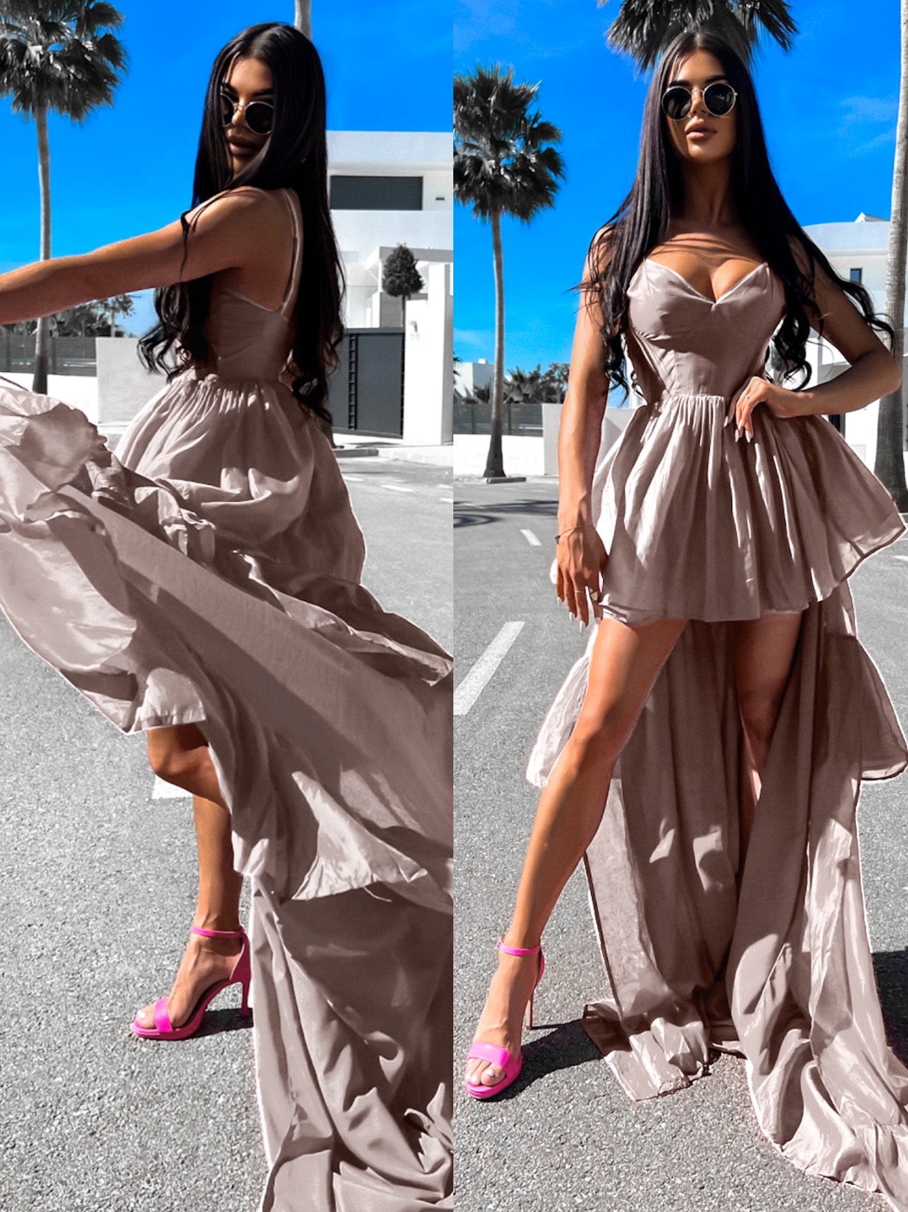 Béžové elegantné šaty NOORILE s volánmi Veľkosť: S/M