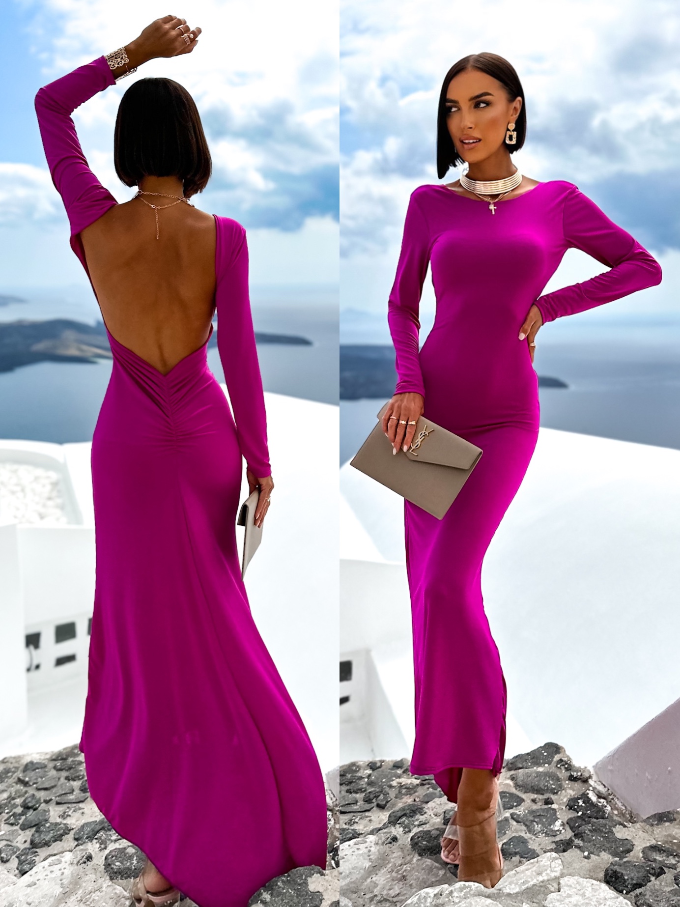 Fialové dlhé elegantné šaty NINTENI s prestrihom na chrbte Veľkosť: ONESIZE