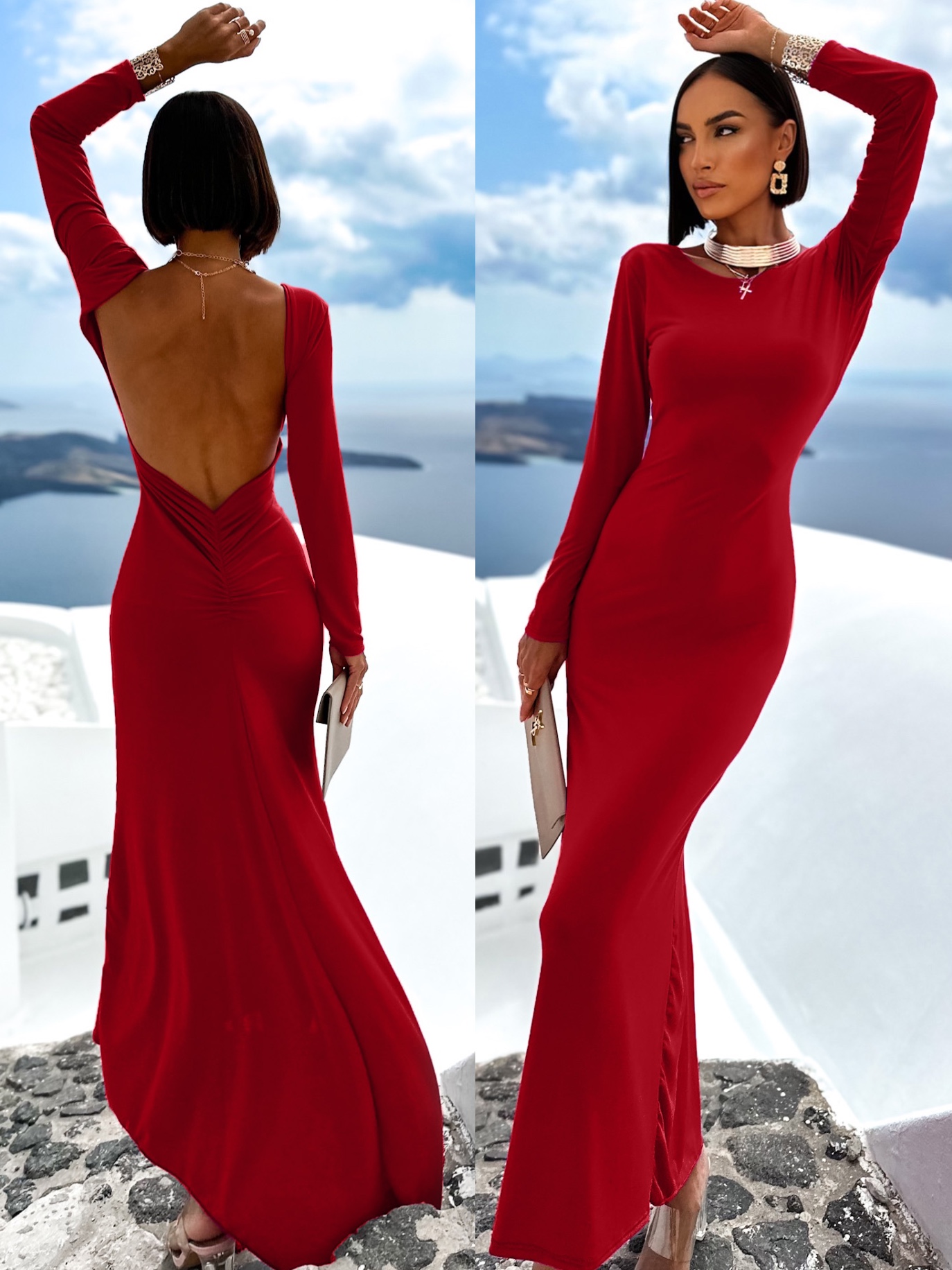 Bordové dlhé elegantné šaty NINTENI s prestrihom na chrbte Veľkosť: ONESIZE