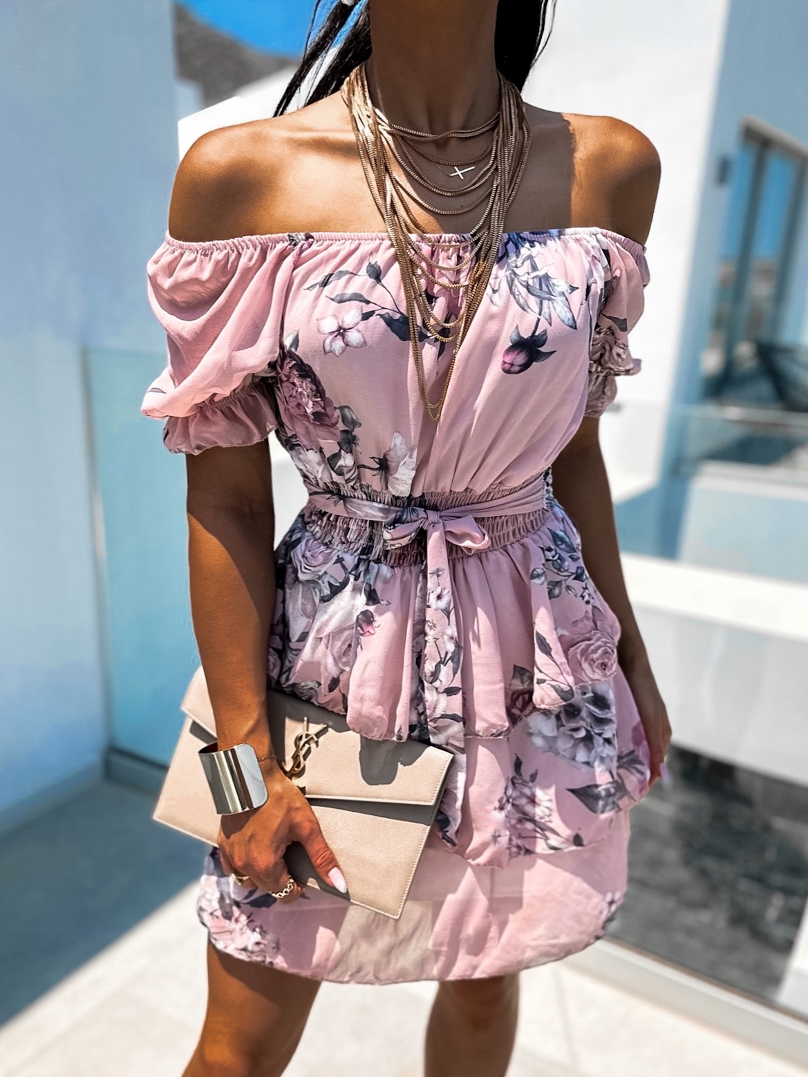 Staroružové kvetinové šaty LUOVARE s volánikmi Veľkosť: ONESIZE