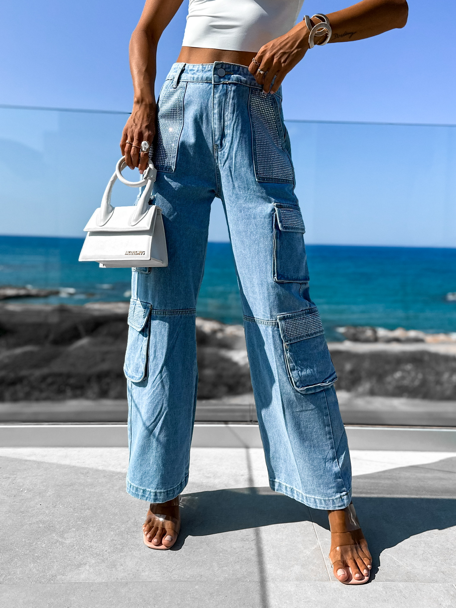 E-shop Svetlomodré denim džínsy SKYNEL s kamienkami