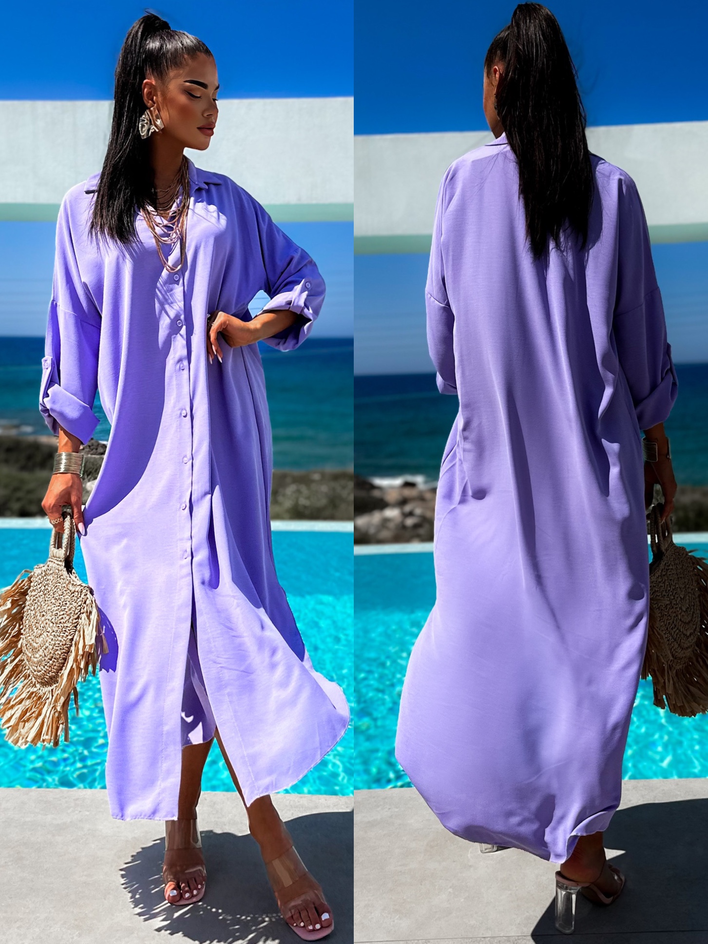 Fialové dlhé košeľové šaty NESSY Veľkosť: ONESIZE