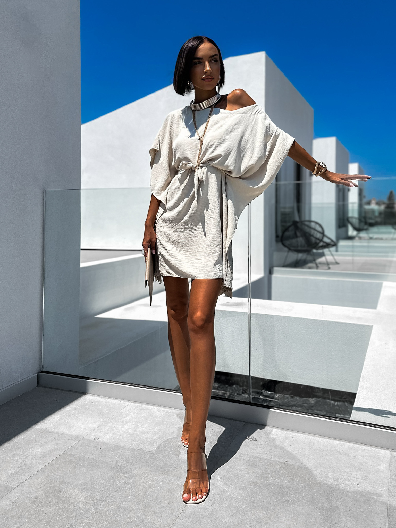 Béžové elegantné šaty MEERA na zaväzovanie Veľkosť: ONESIZE