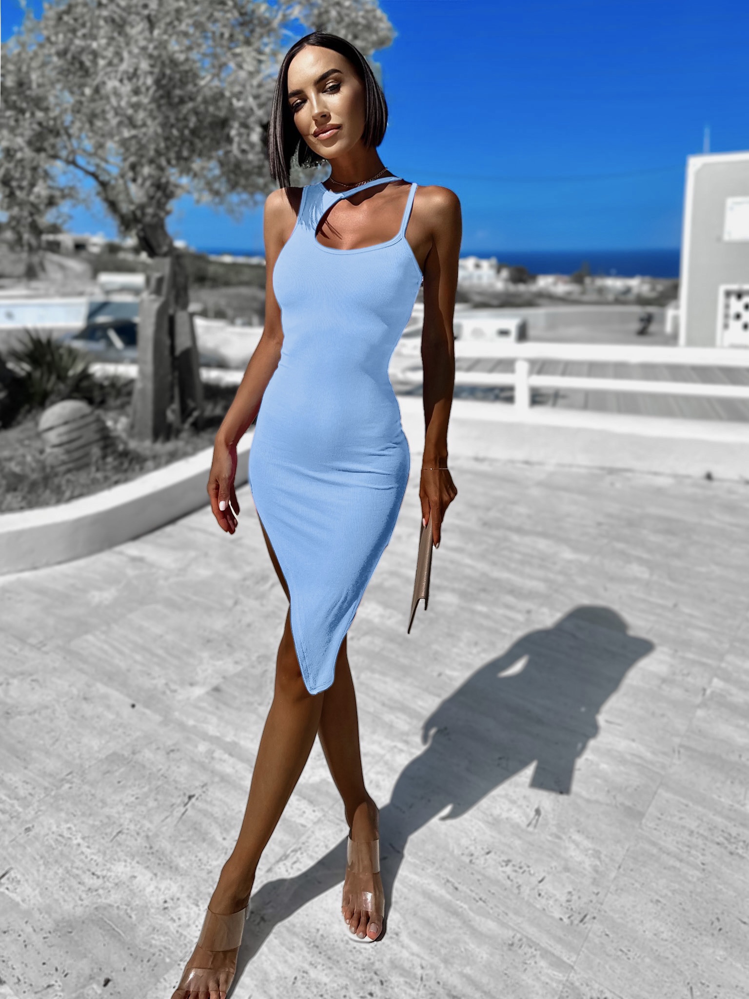 Svetlomodré rebrované šaty TARPE s rázporkom Veľkosť: M/L