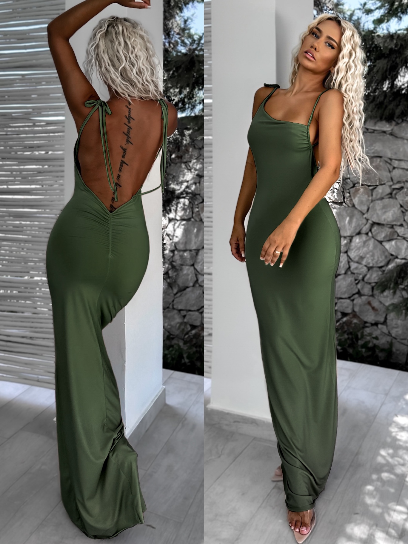 Khaki šaty KONTRAME sa zaväzovanie na ramenách Veľkosť: ONESIZE