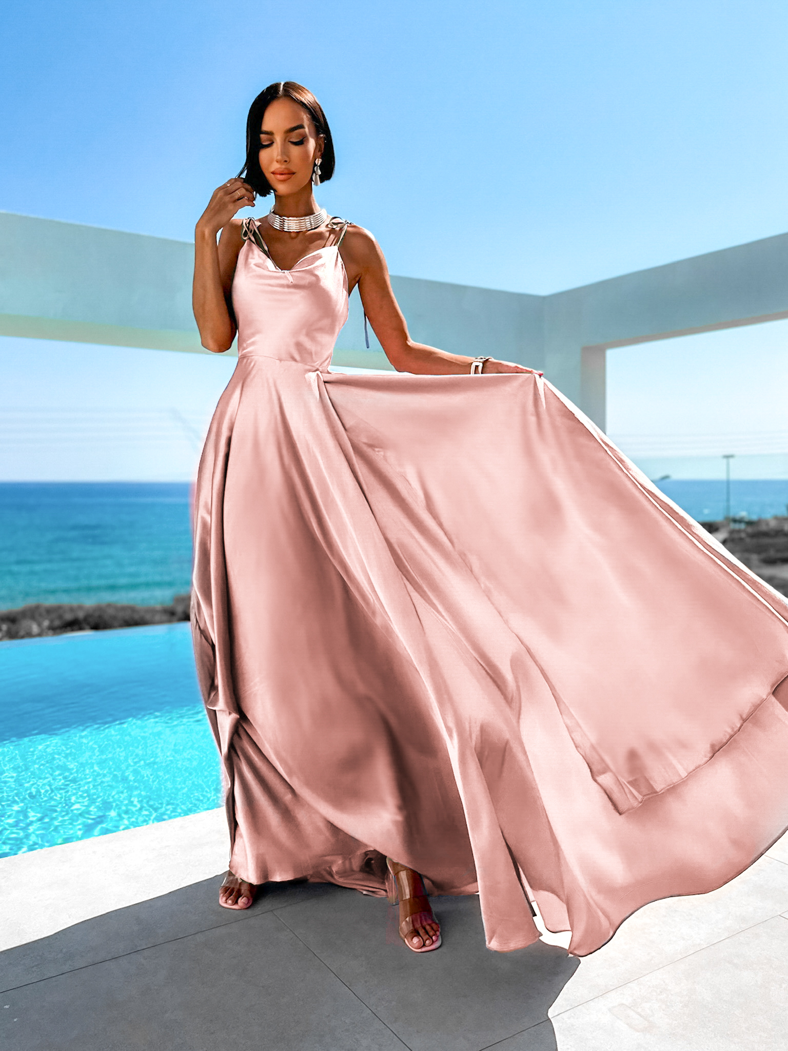 Staroružové lesklé elegantné šaty JAELE Veľkosť: M