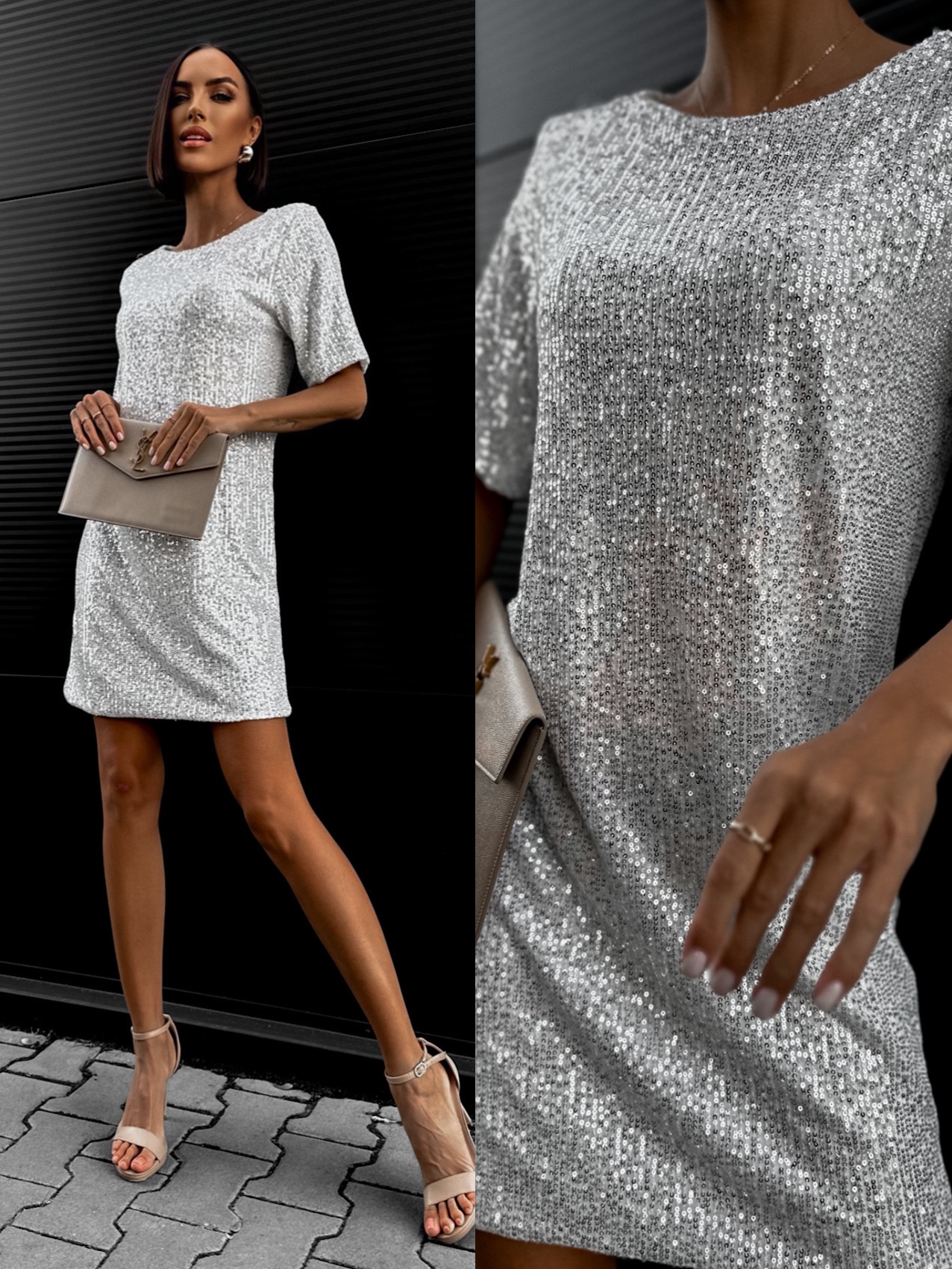 Strieborné flitrované šaty NINONE s krátkym rukávom Veľkosť: ONESIZE