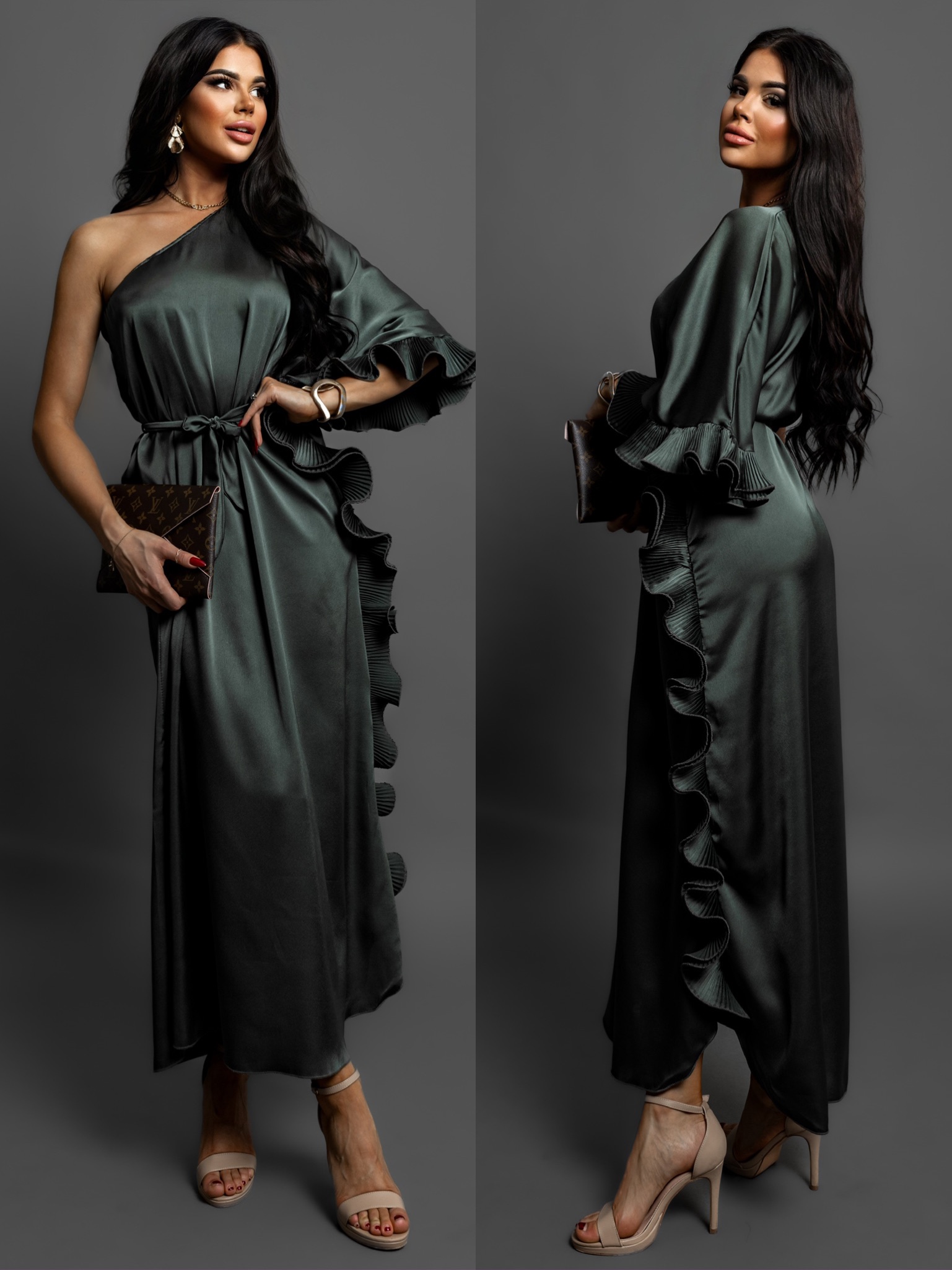 Khaki volánkové šaty DORRY cez jedno rameno Veľkosť: ONESIZE