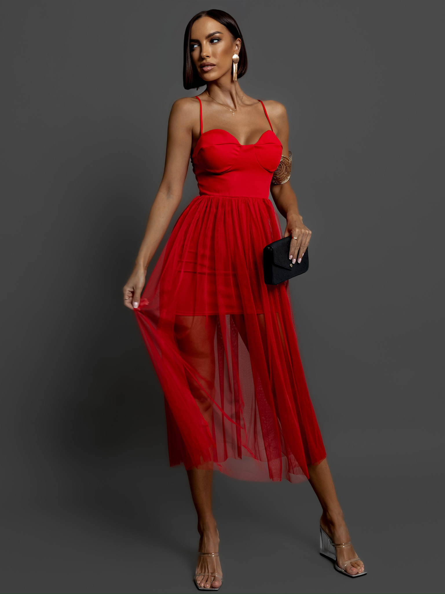 Červené tylové šaty POLOWA Veľkosť: ONESIZE