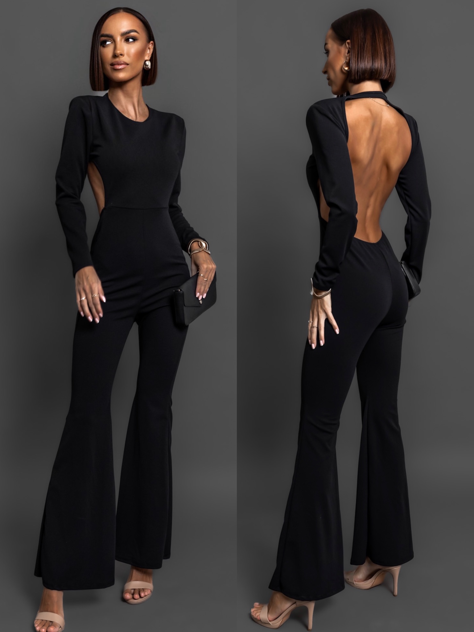 Čierny elegantný overal BURSA s holým chrbtom Veľkosť: ONESIZE