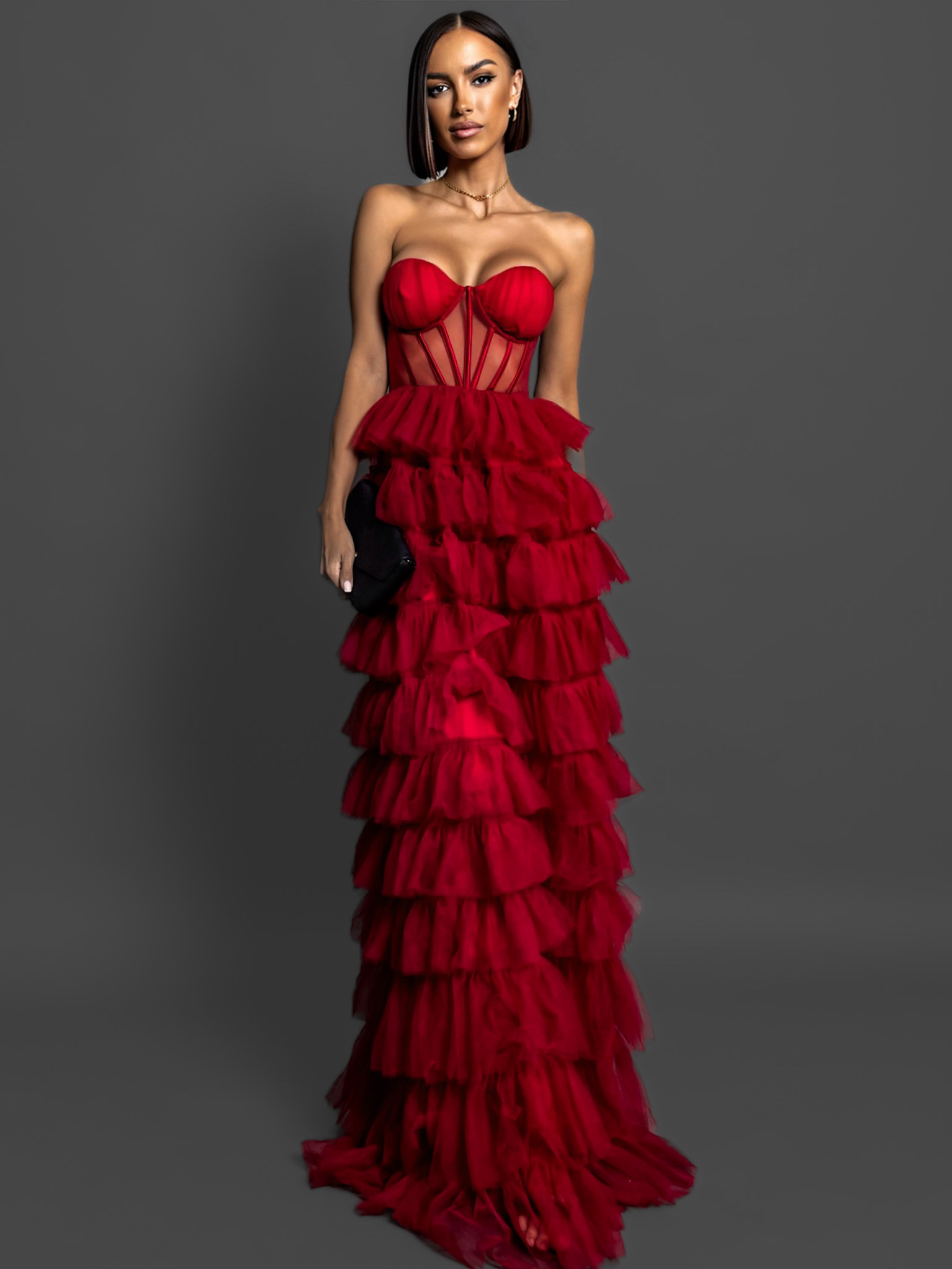 Červené korzetové šaty ARIADNA s volánikmi Veľkosť: S