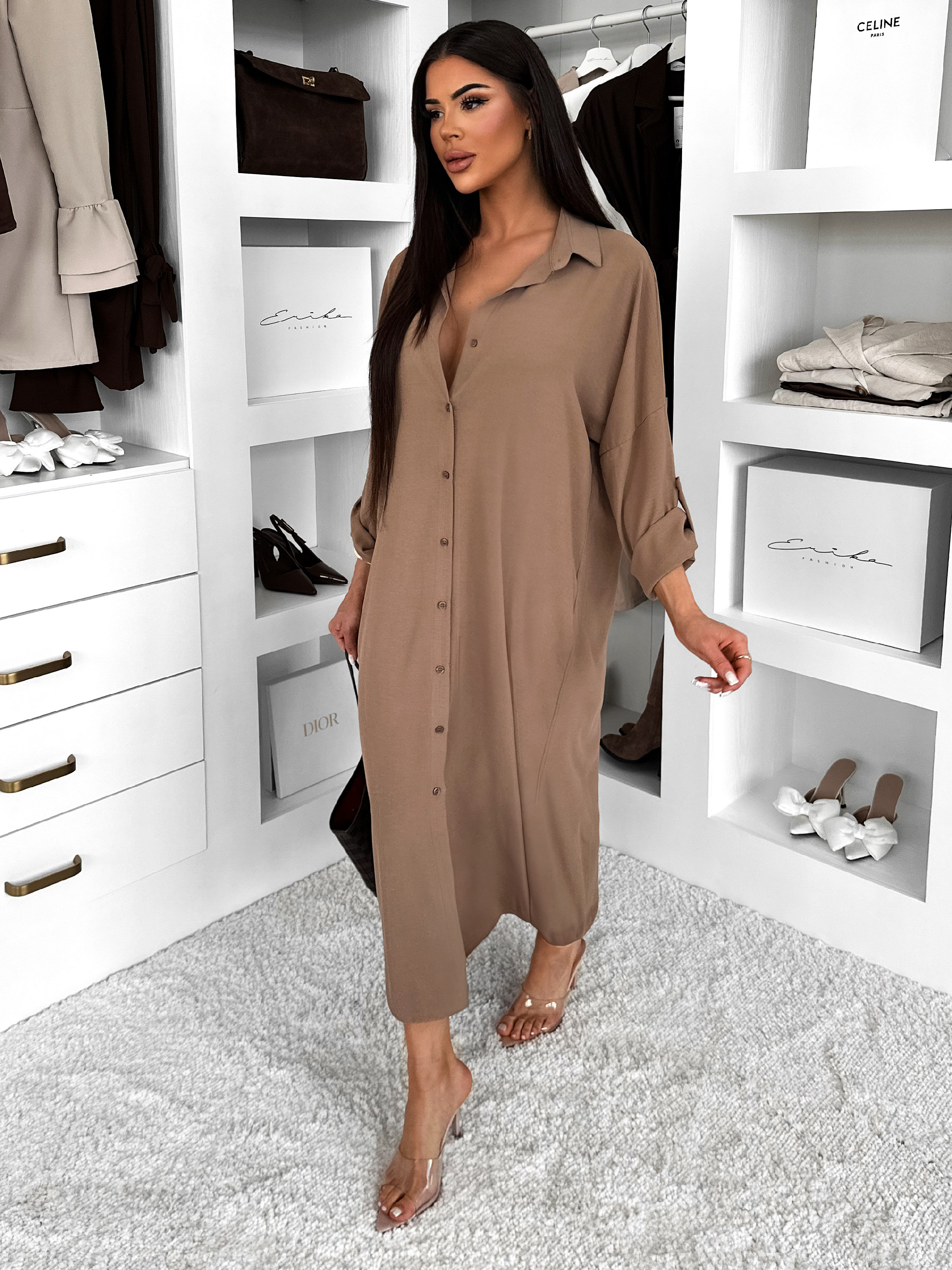 Hnedé basic dlhé košeľové šaty košele NESSY Veľkosť: ONESIZE